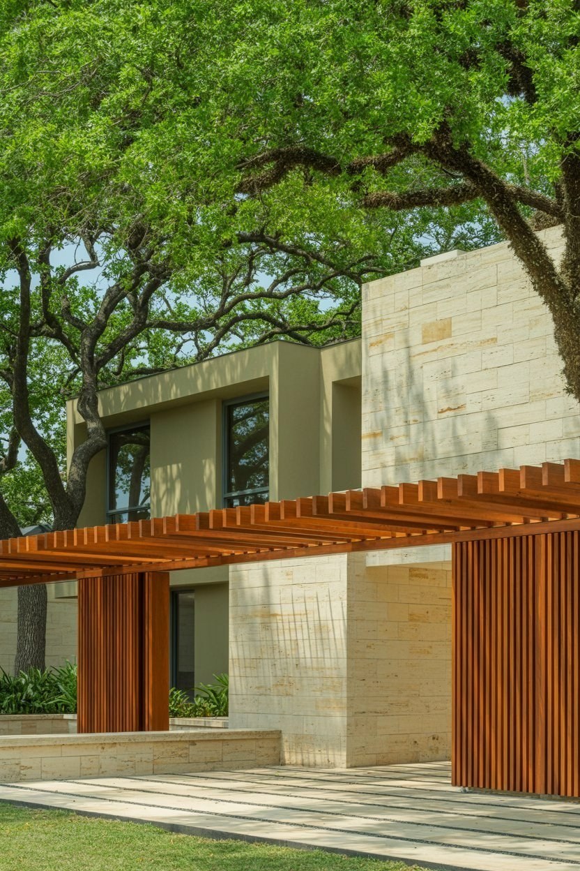 Dream Home Exterior: Wood Pergola & Rustic Architecture Blend