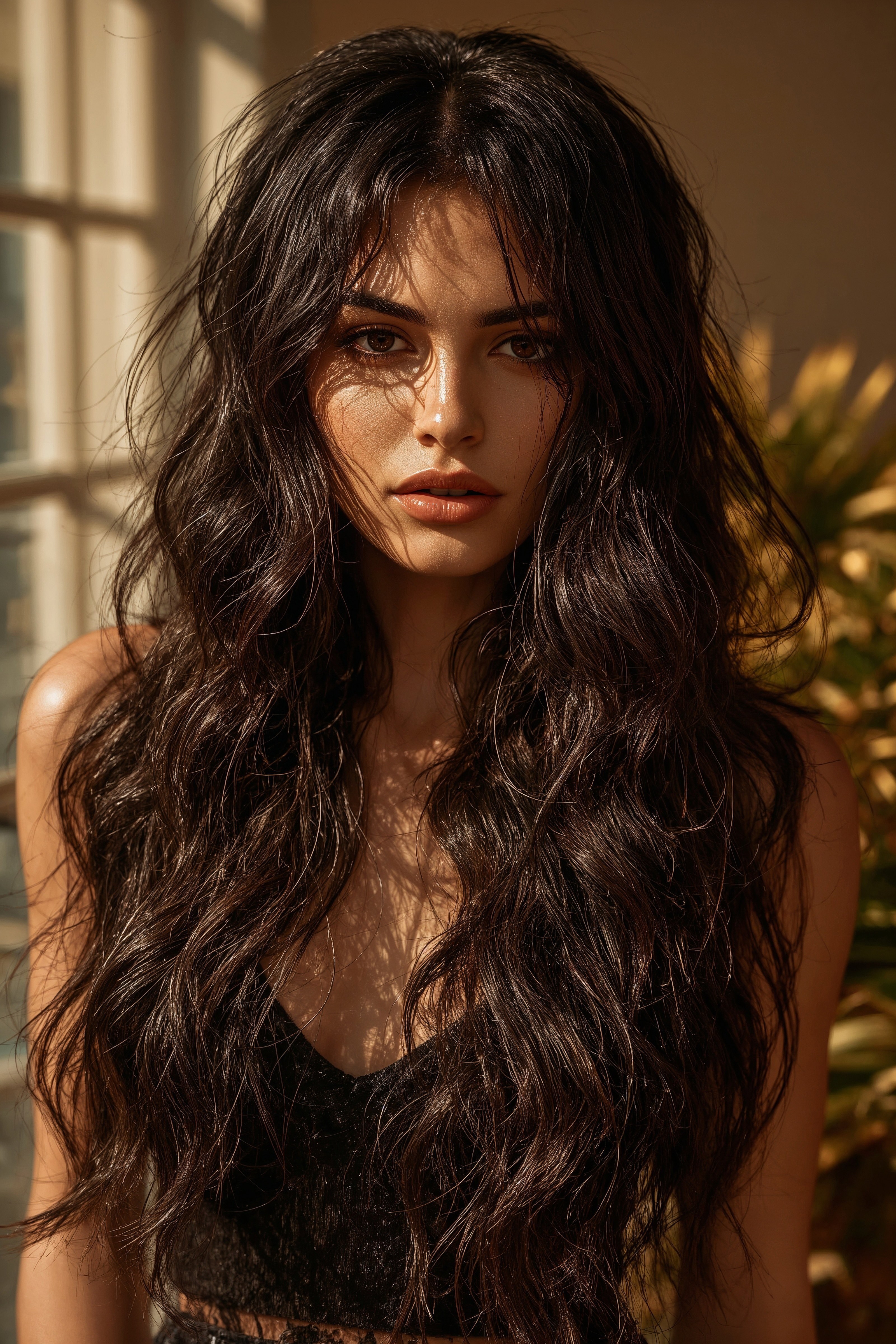 Stylish Long Hair with Curtain Bangs & Layered Brunette Style