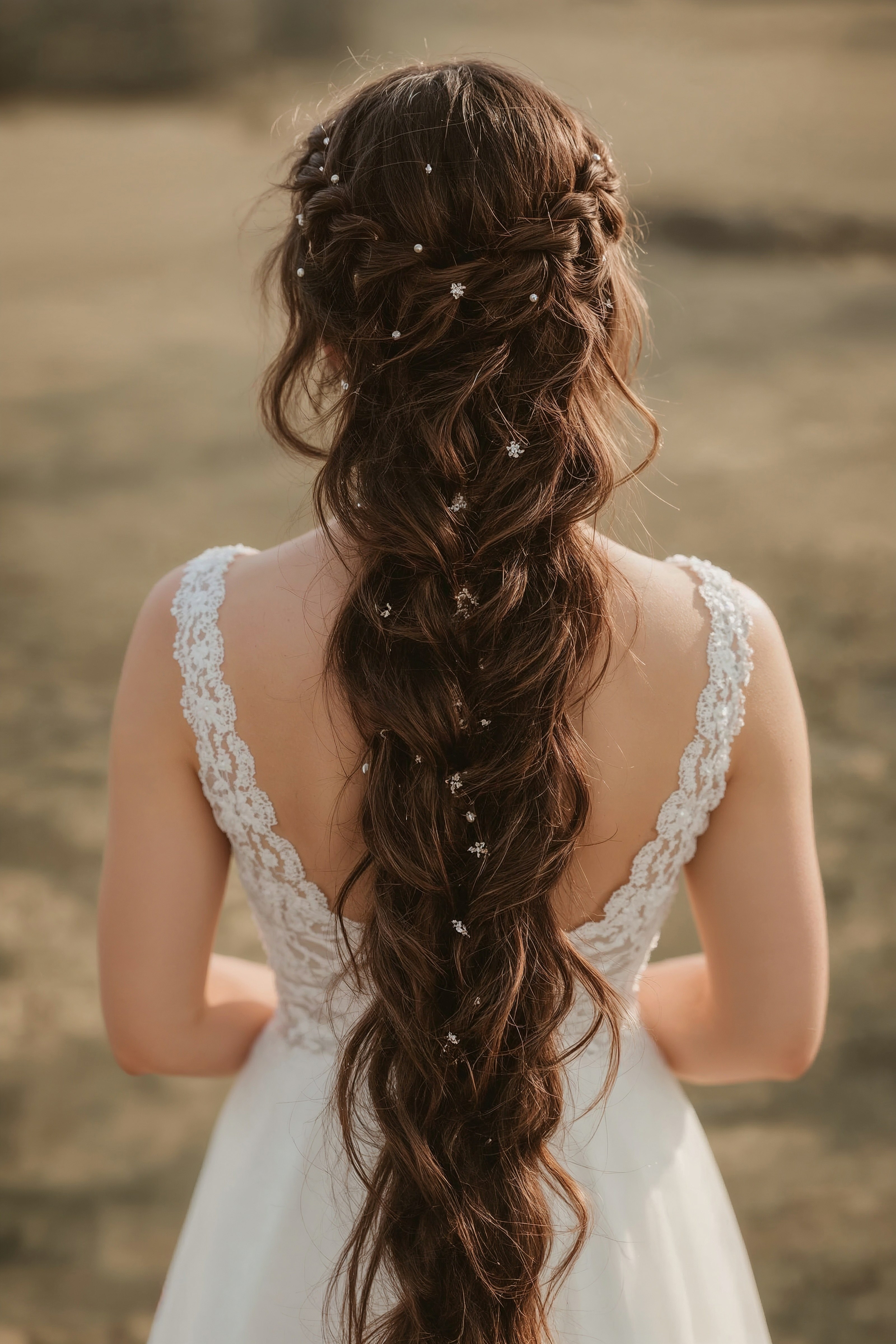 Boho Braided Wedding Hairstyle with Pearls for Long Hair
