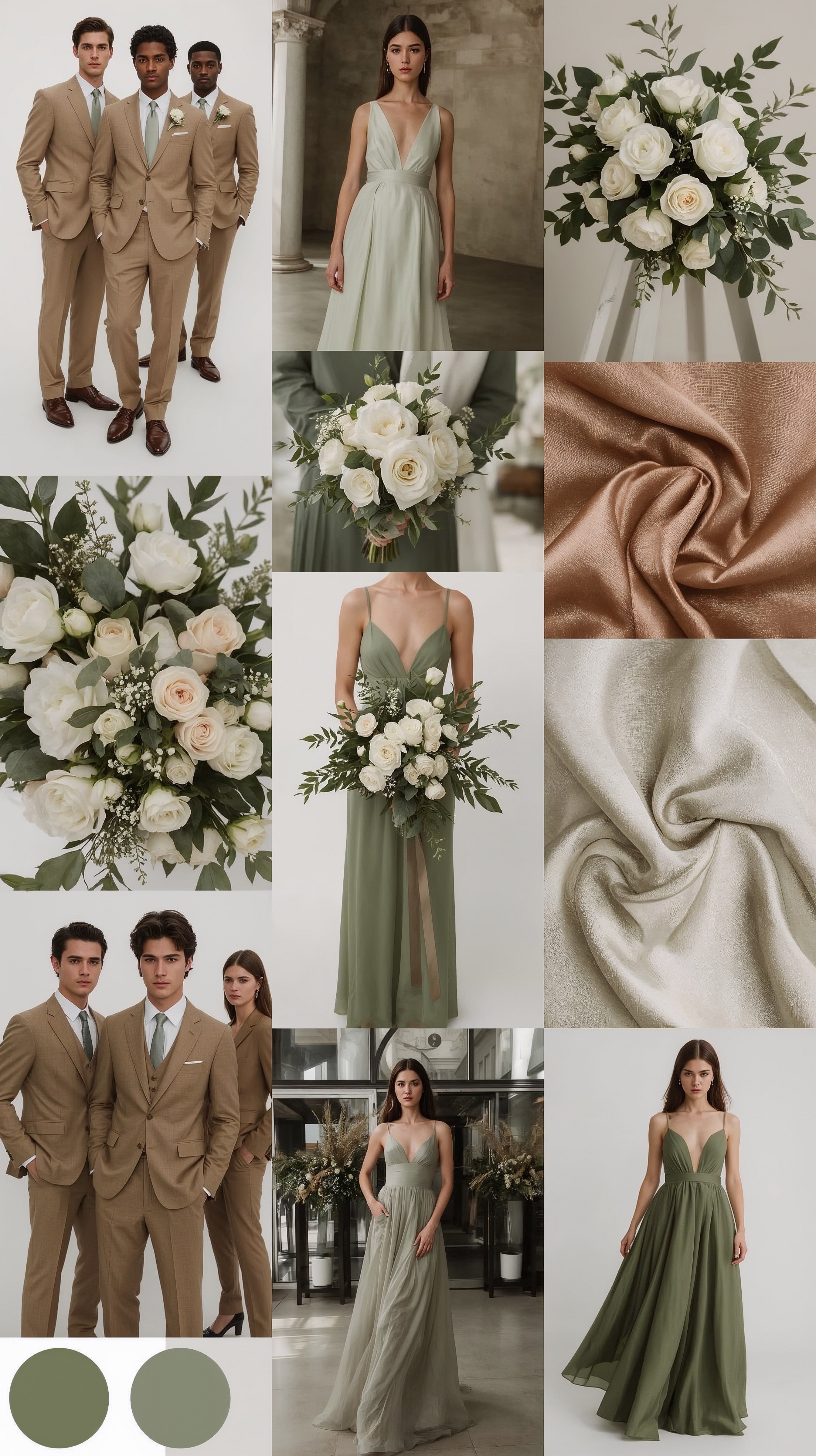 Sage Green & Tan Wedding Theme: Harmonizing Groomsmen & Bridesmaid Styles
