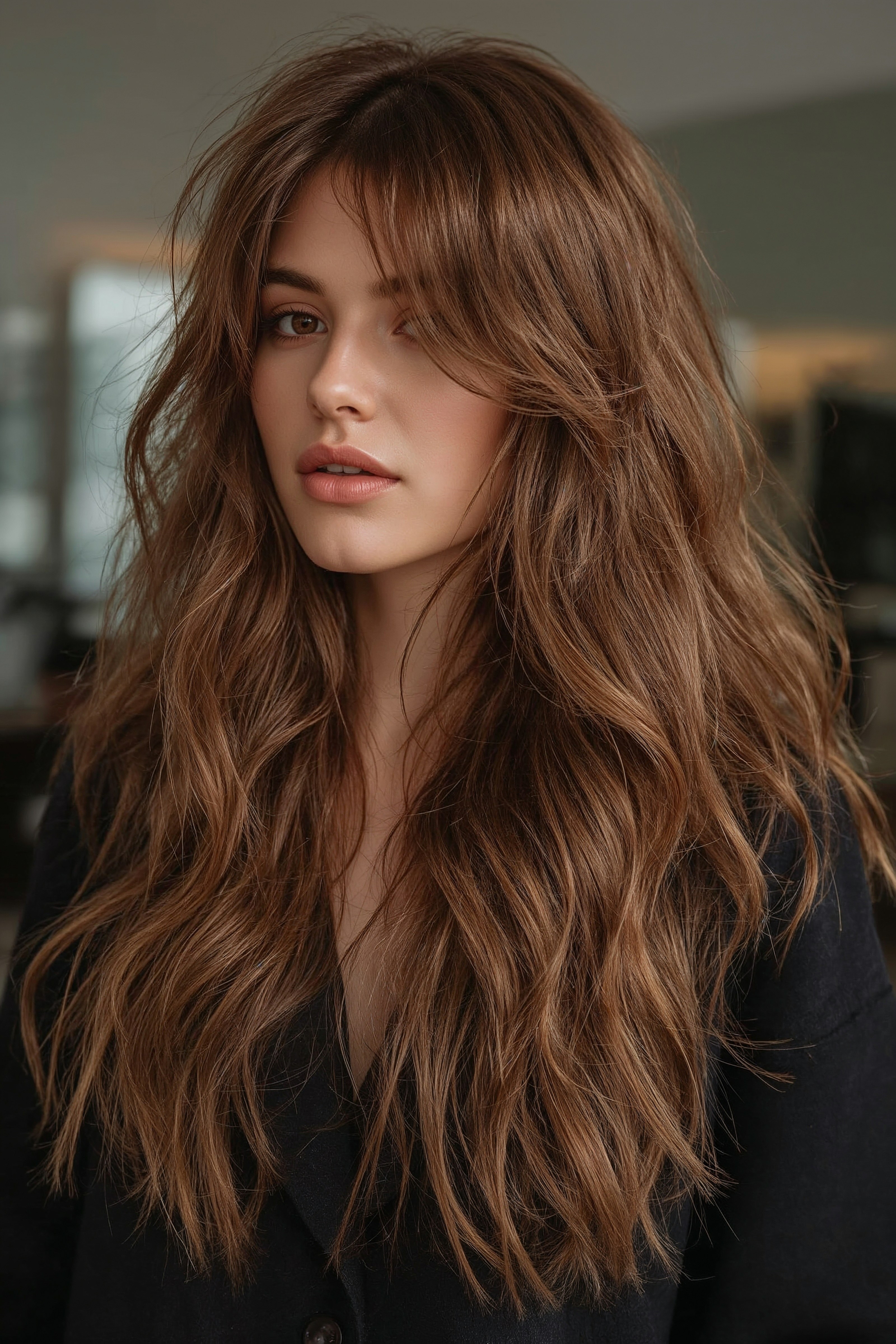Long Layered Haircuts with Curtain Bangs: Warm Balayage Caramel Style