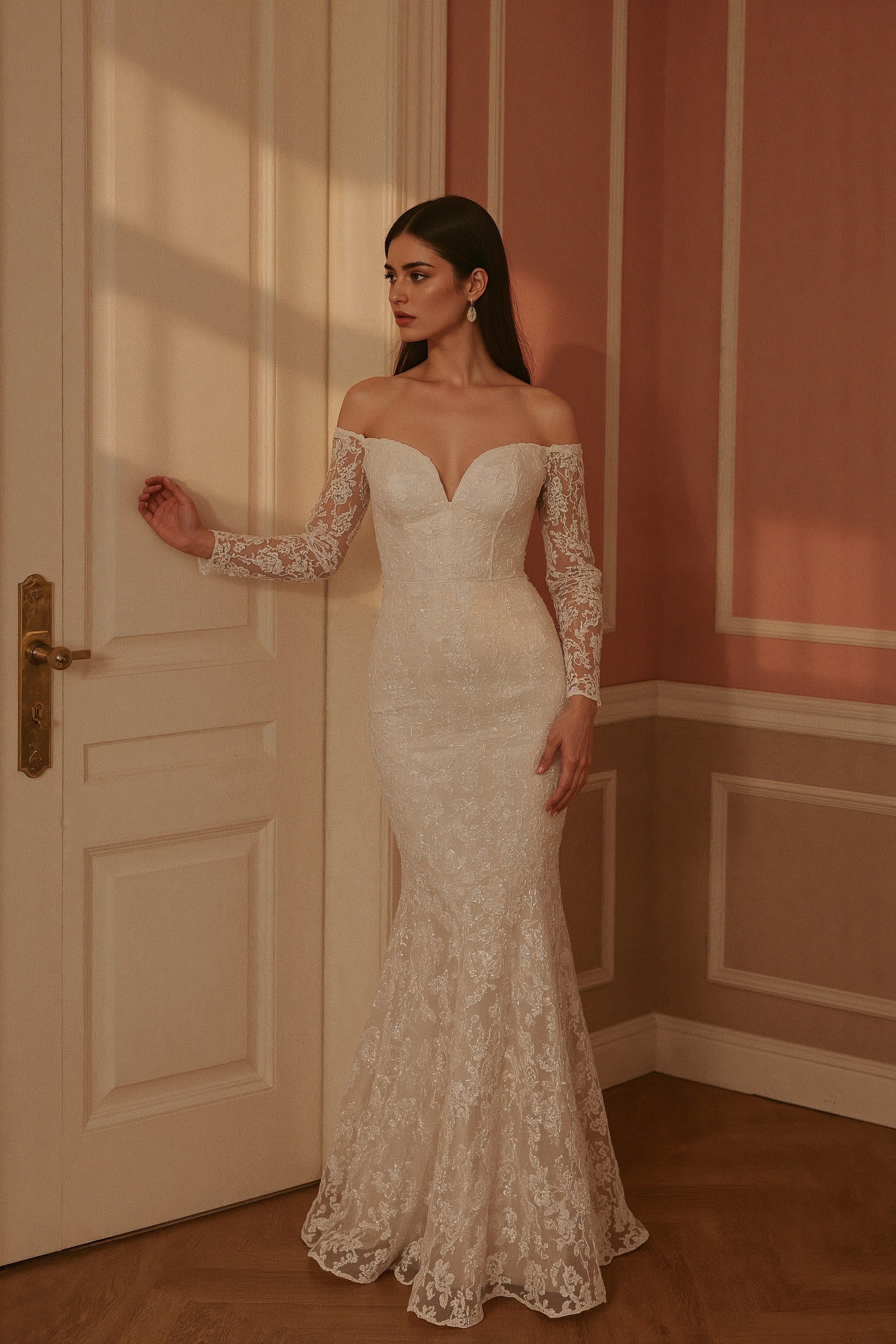 Timeless Off-Shoulder Lace Mermaid Wedding Dress with Long Sleeves
