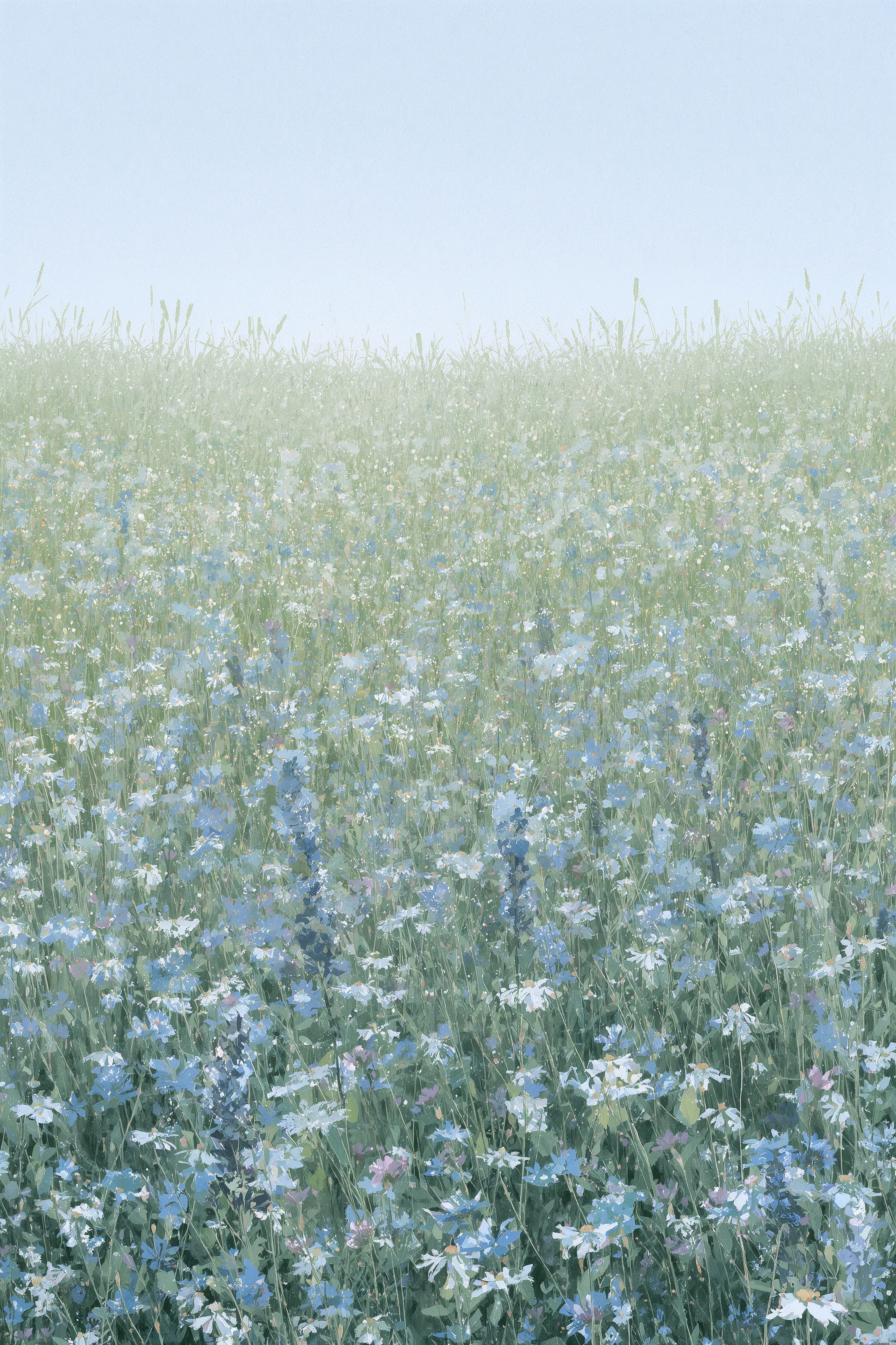 Spring Flowery Field Wallpaper: Tranquil Blue & White Blooms