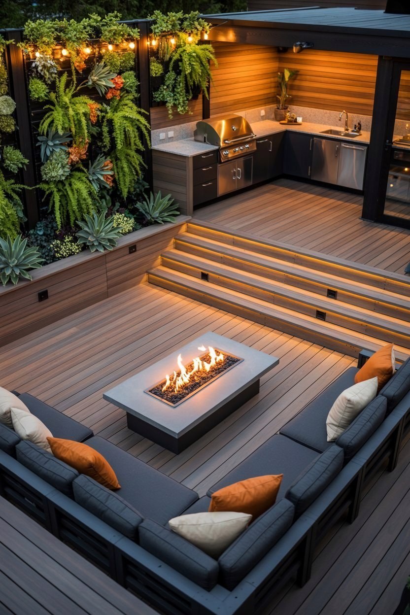 Luxurious Modern Backyard Deck: Outdoor Kitchen & Fire Pit Oasis