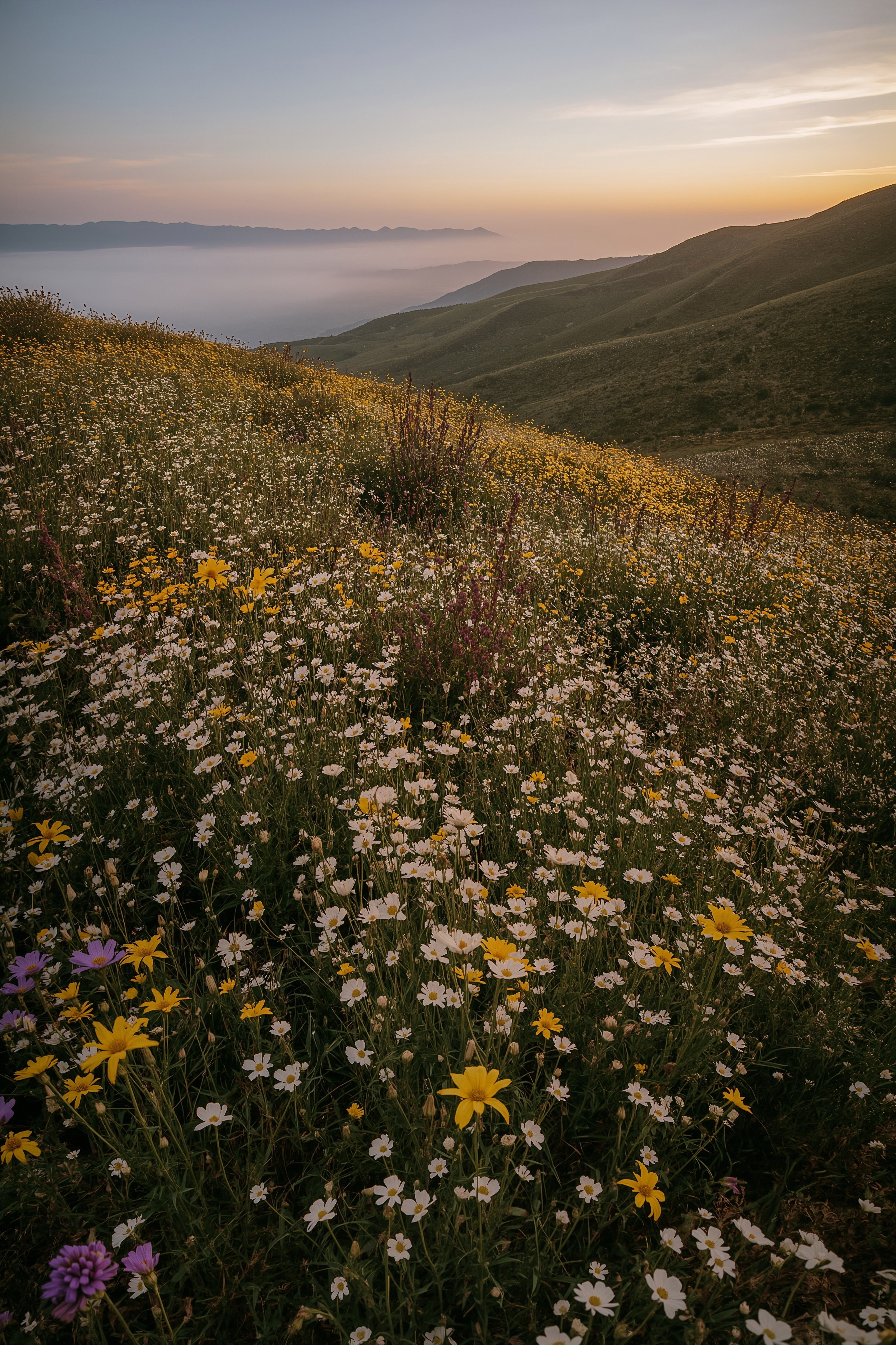 Sunset Flower Field Photography: Scenic Mountain Landscapes & Nature's Palette