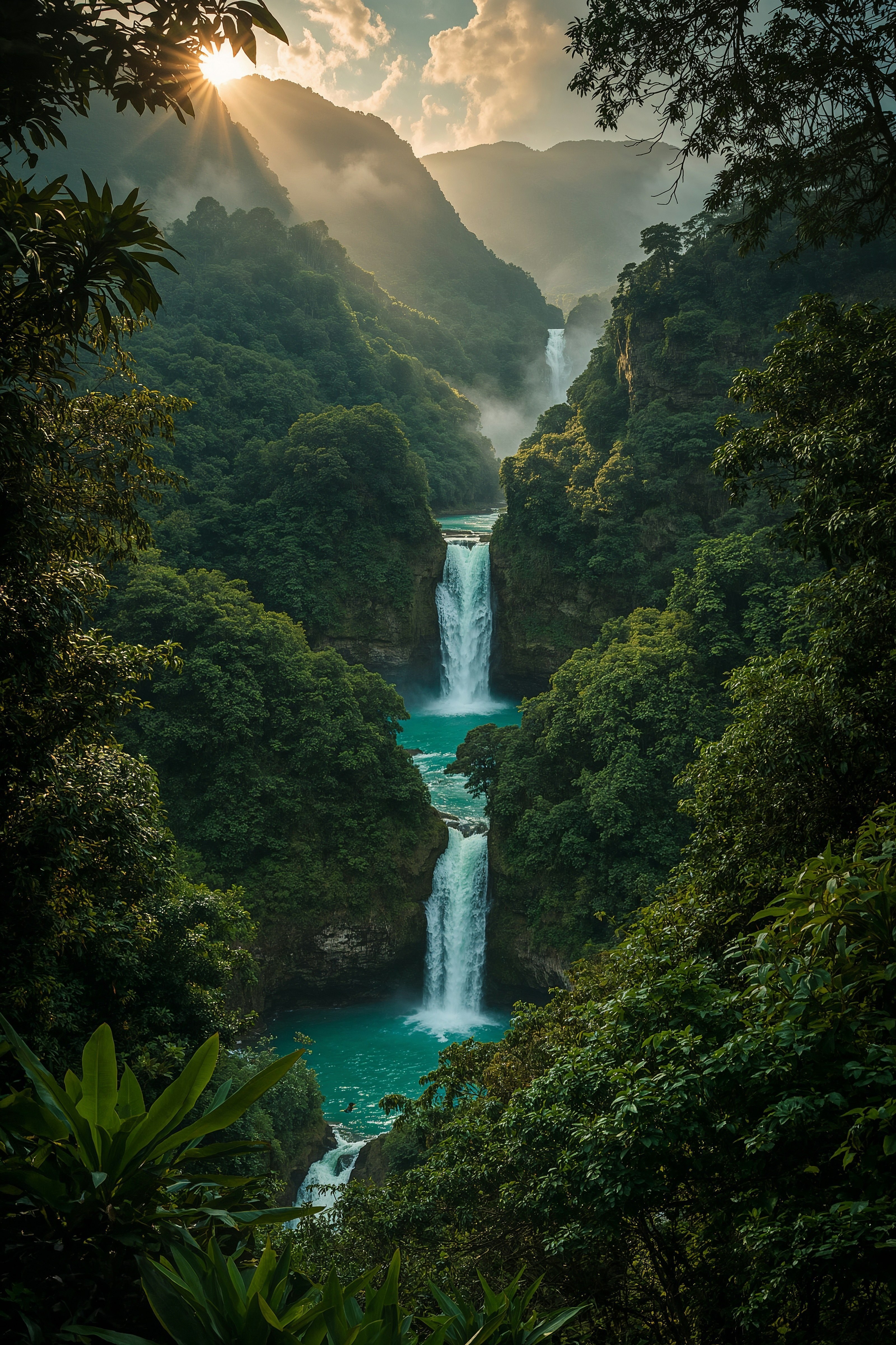 Majestic Tropical Rainforests: Cascading Waterfalls & Lush Greens
