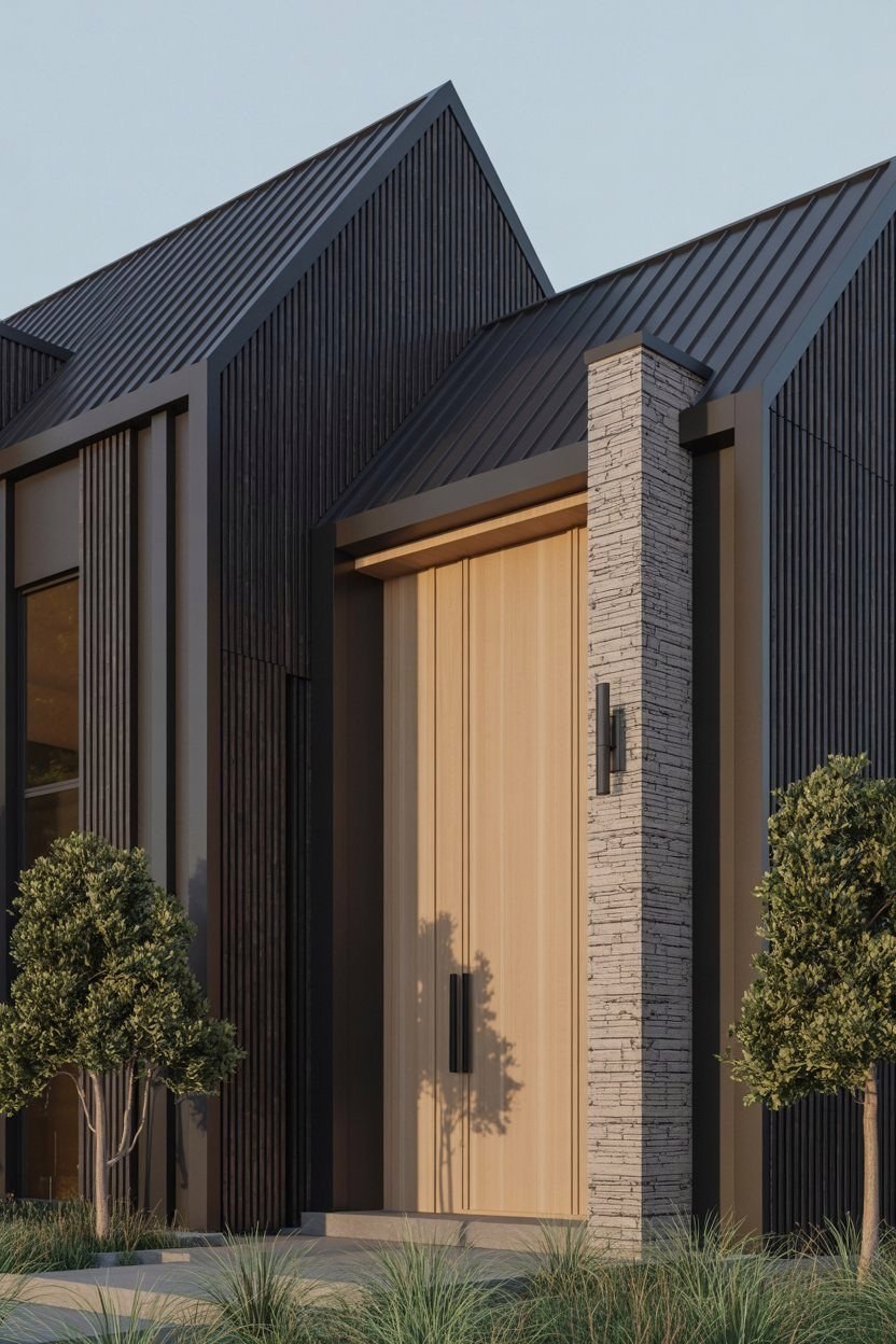 Luxury Modern Exterior: Black Siding, Wood Door & Stone Pillars