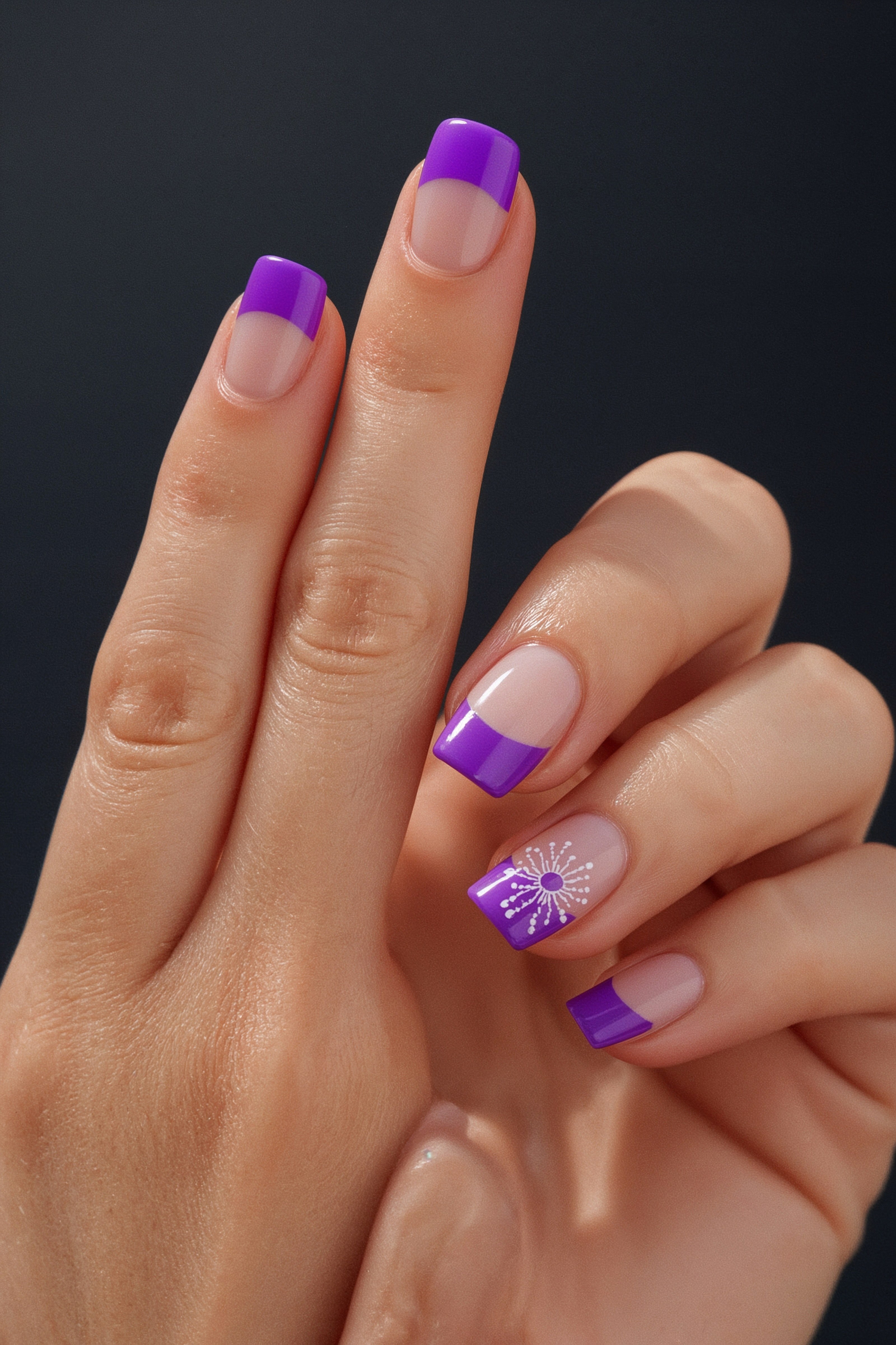 Summer Radiance: Vibrant Purple French Tip Nails with Floral Accents