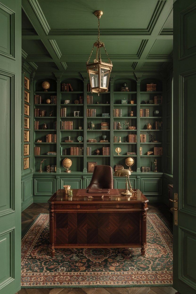 Dramatic Home Office: Luxe Dark Walls & Evergreen Hues