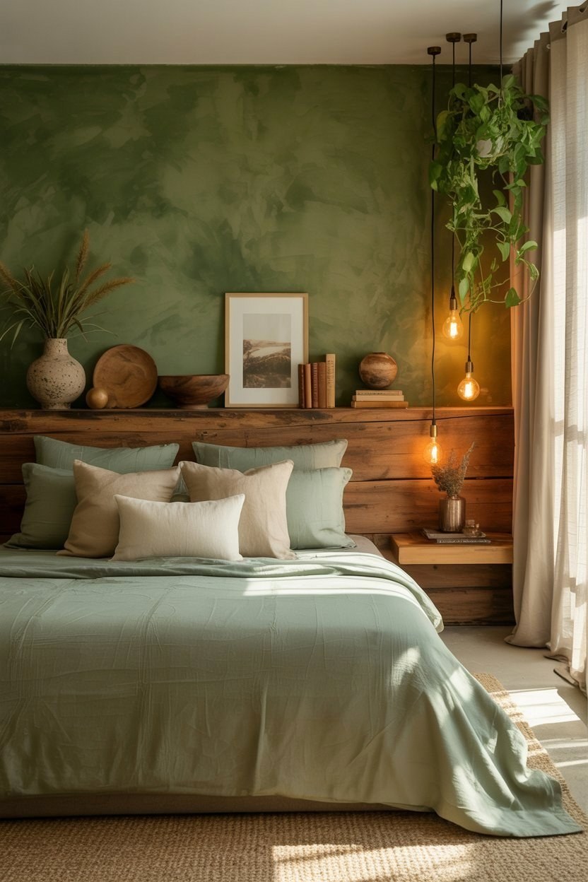 Verdant Bedroom Decor: Moody Nature Retreat with Green Walls
