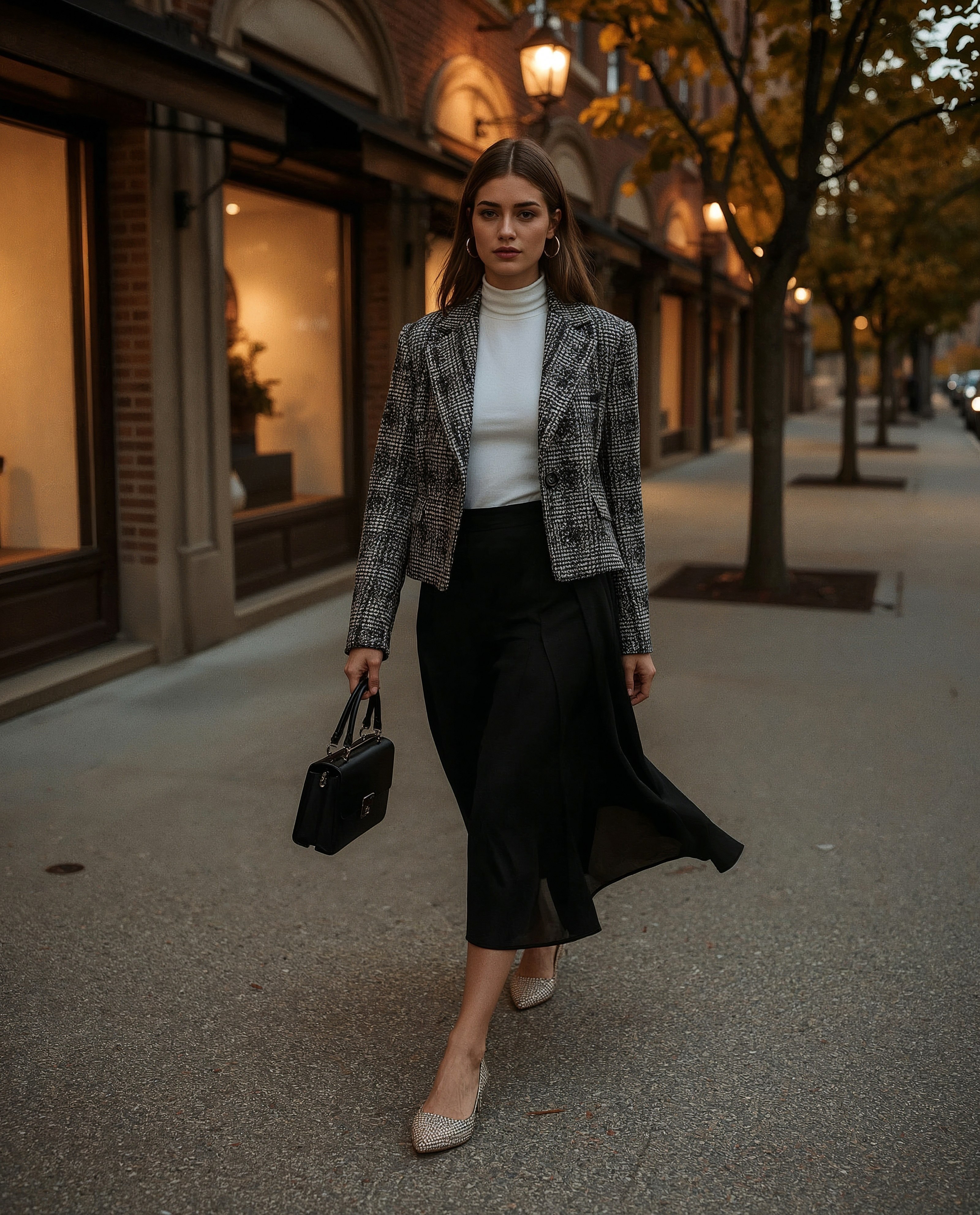 Stylish Work Outfits: Tweed Jacket & Midi Skirt Mastery