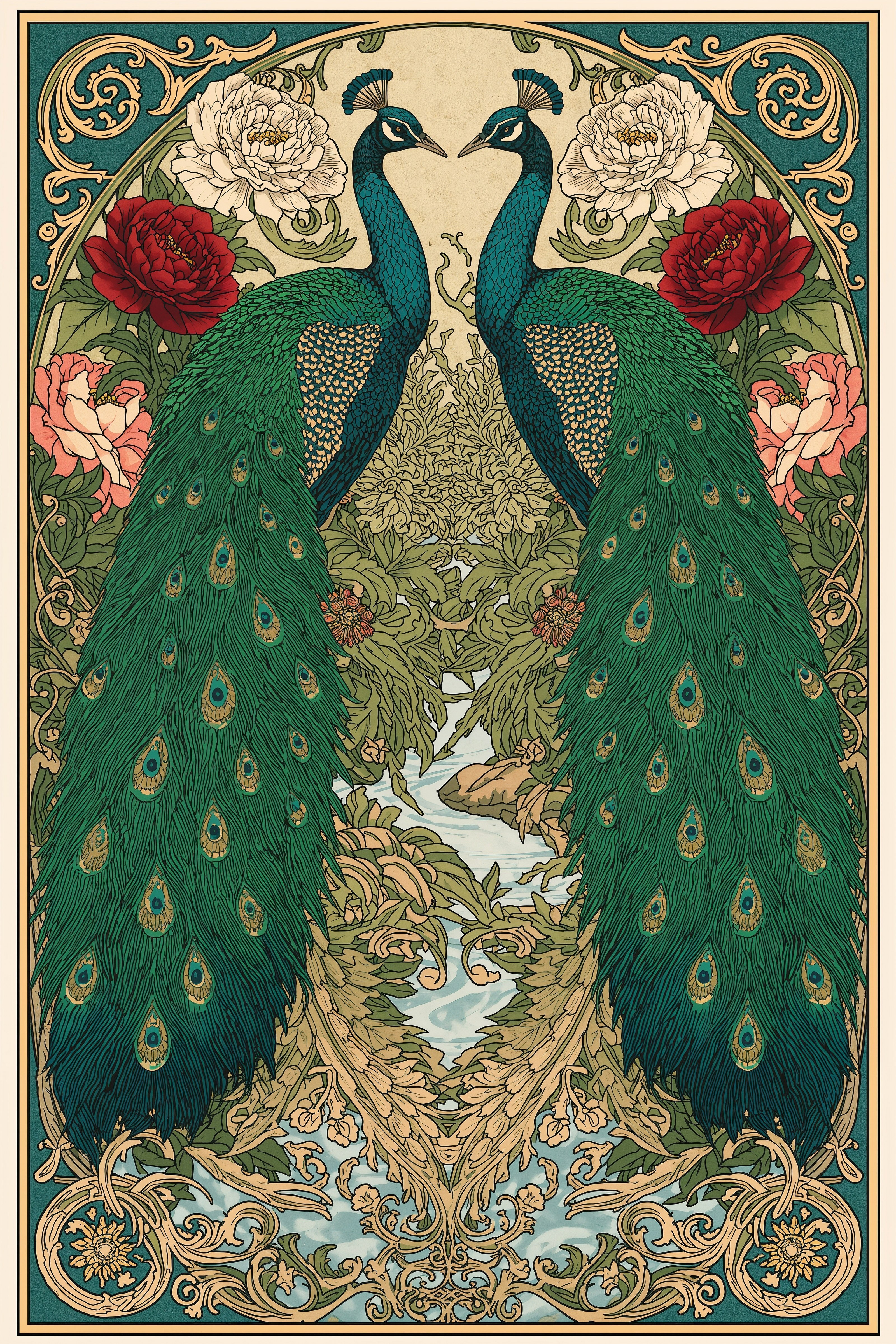 Art Nouveau Peacocks: Elegant Garden Wall Art & Floral Illustrations