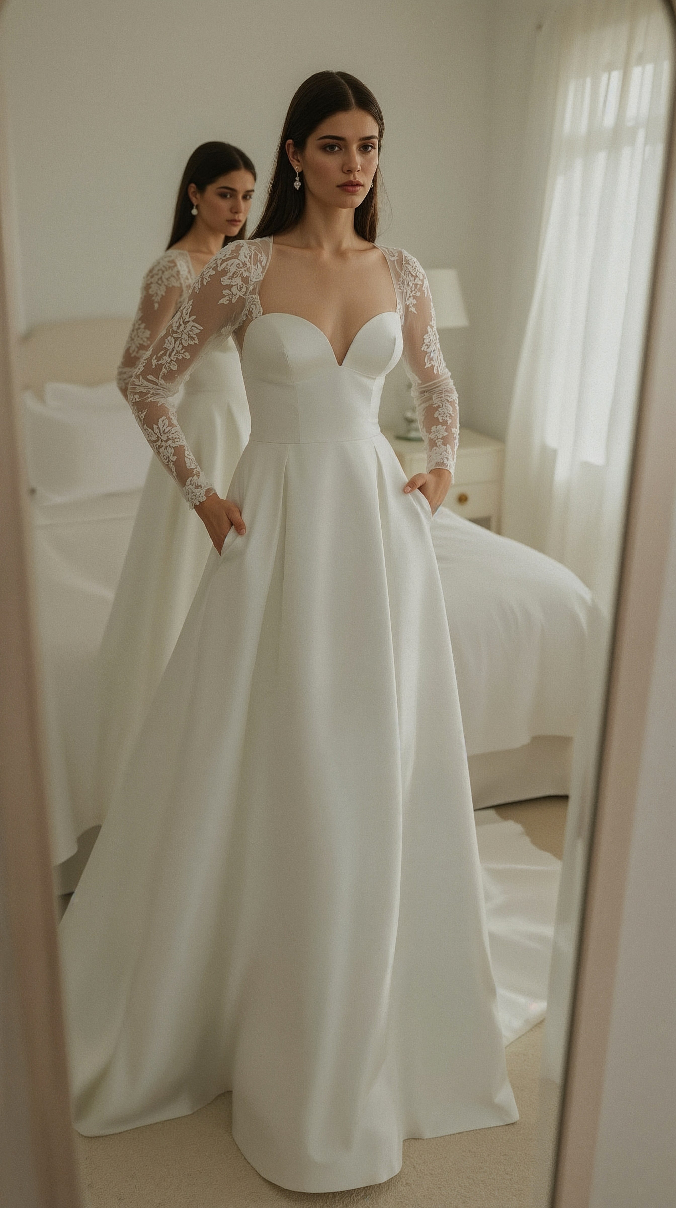 Boho Ball Gown Wedding Dress with Illusion Lace Sleeves