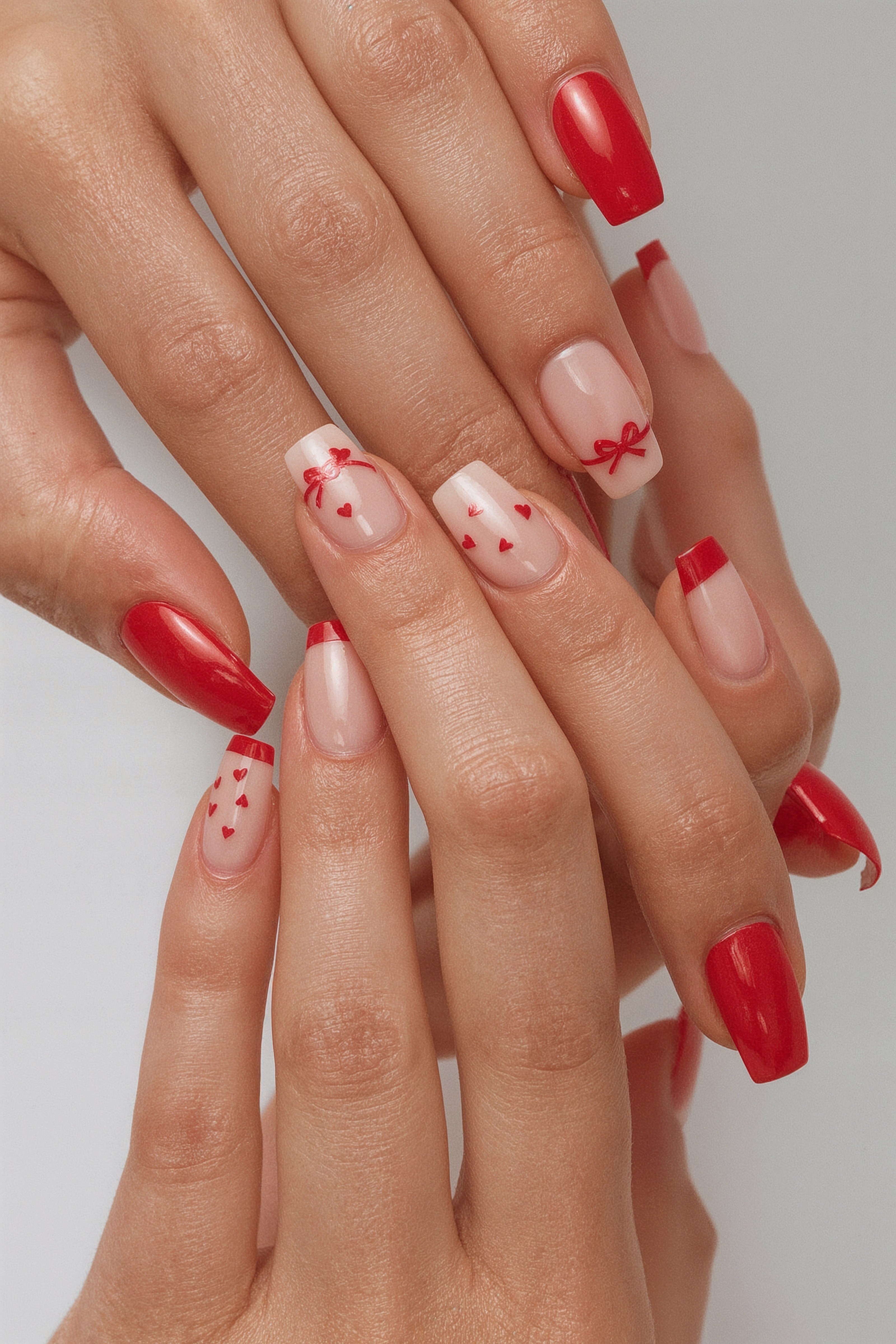 Cute Valentine's Red French Tip Nails with Hearts