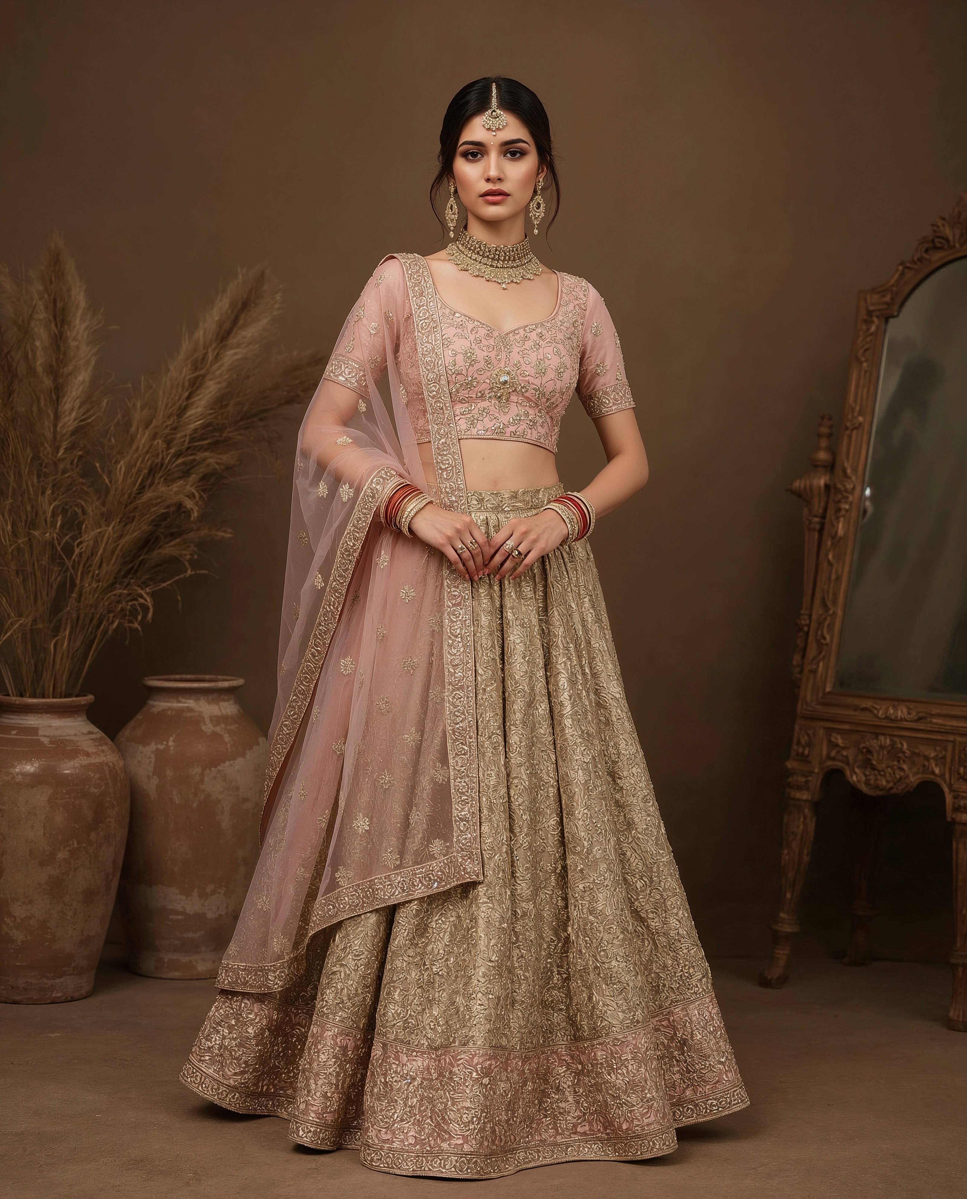 Golden Pink Lehenga: Kanchipuram Bridal & Engagement Saree Ideas
