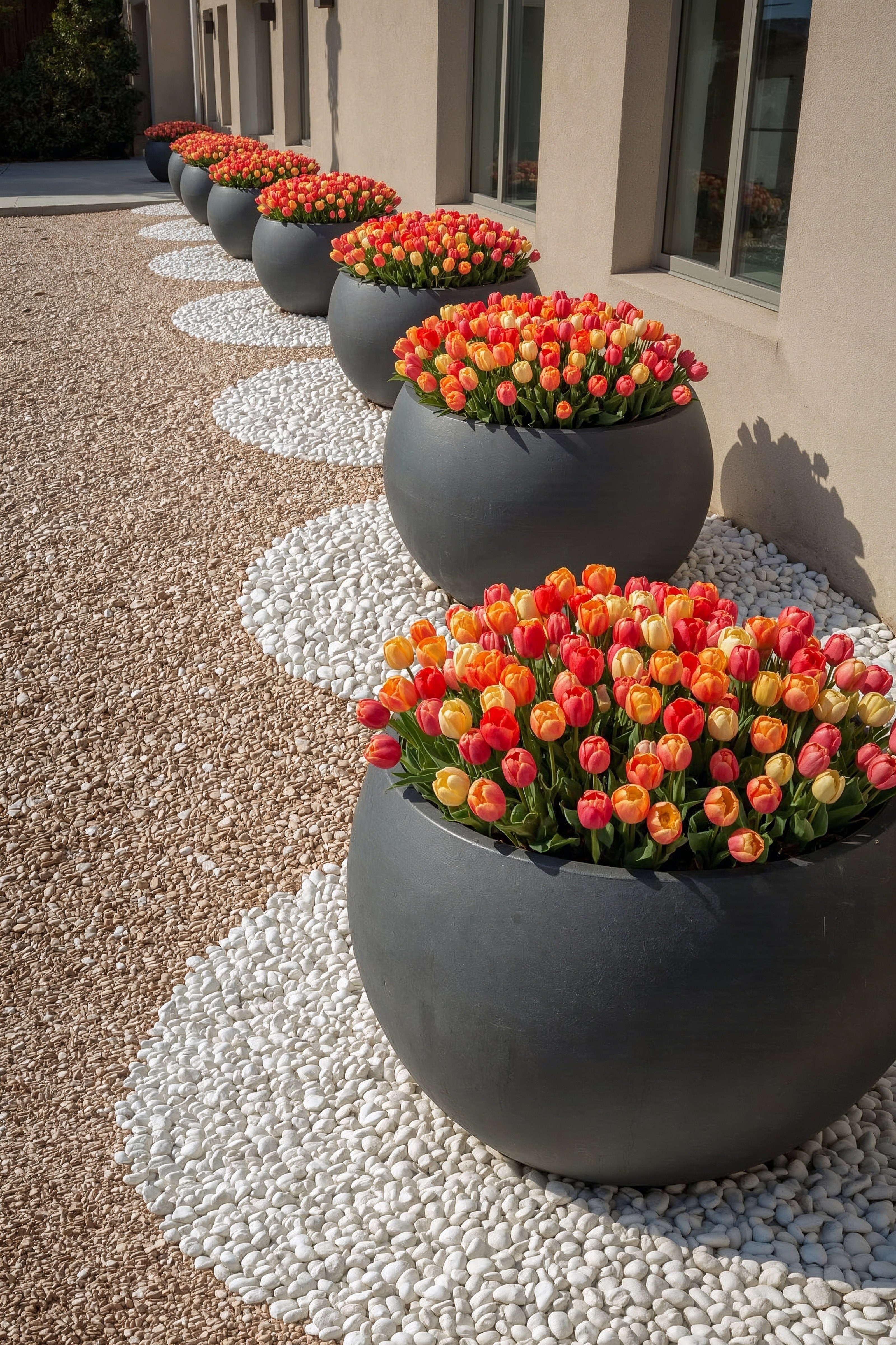 Modern Walkway Landscaping with Potted Tulips