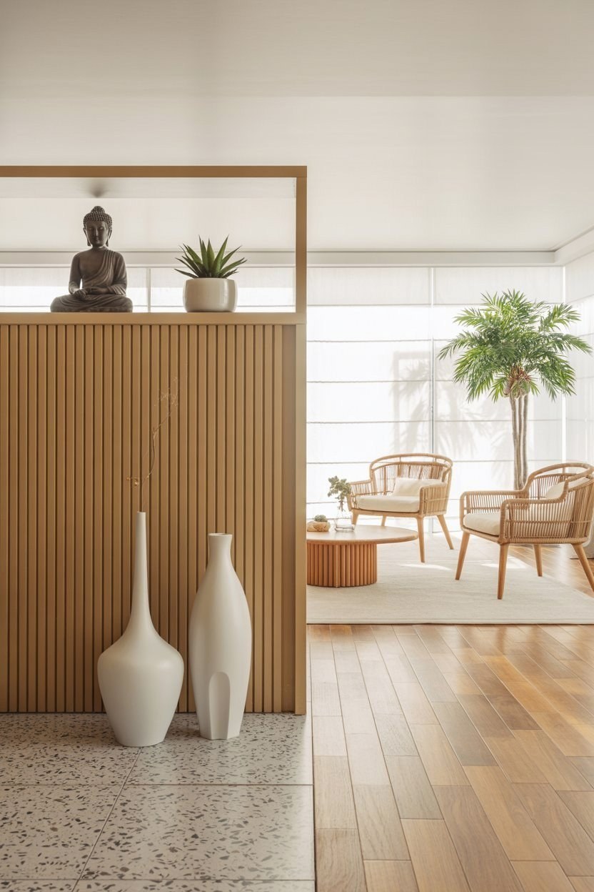 Relaxing Living Room Designs: Modern Wood Half-Wall Partition Ideas
