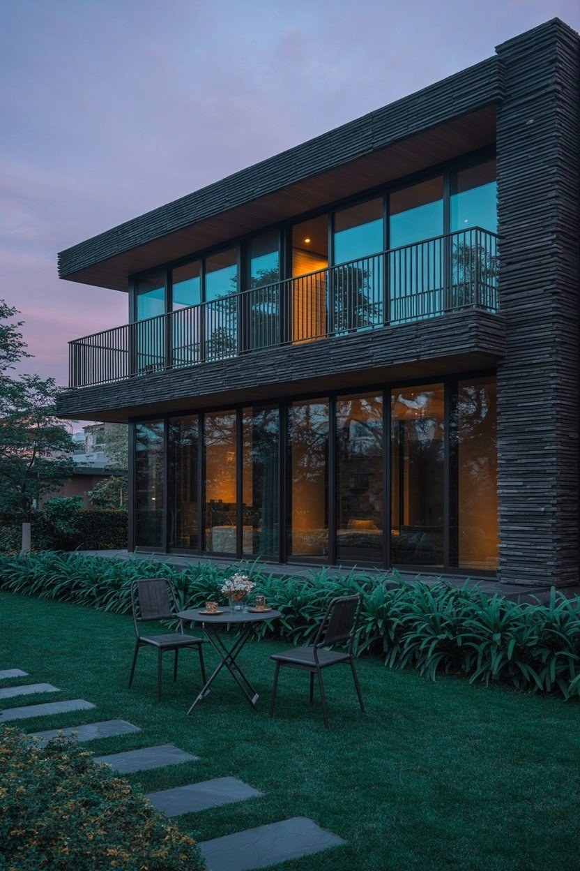Stunning Modern Two-Story House with Balcony & Stone Walls