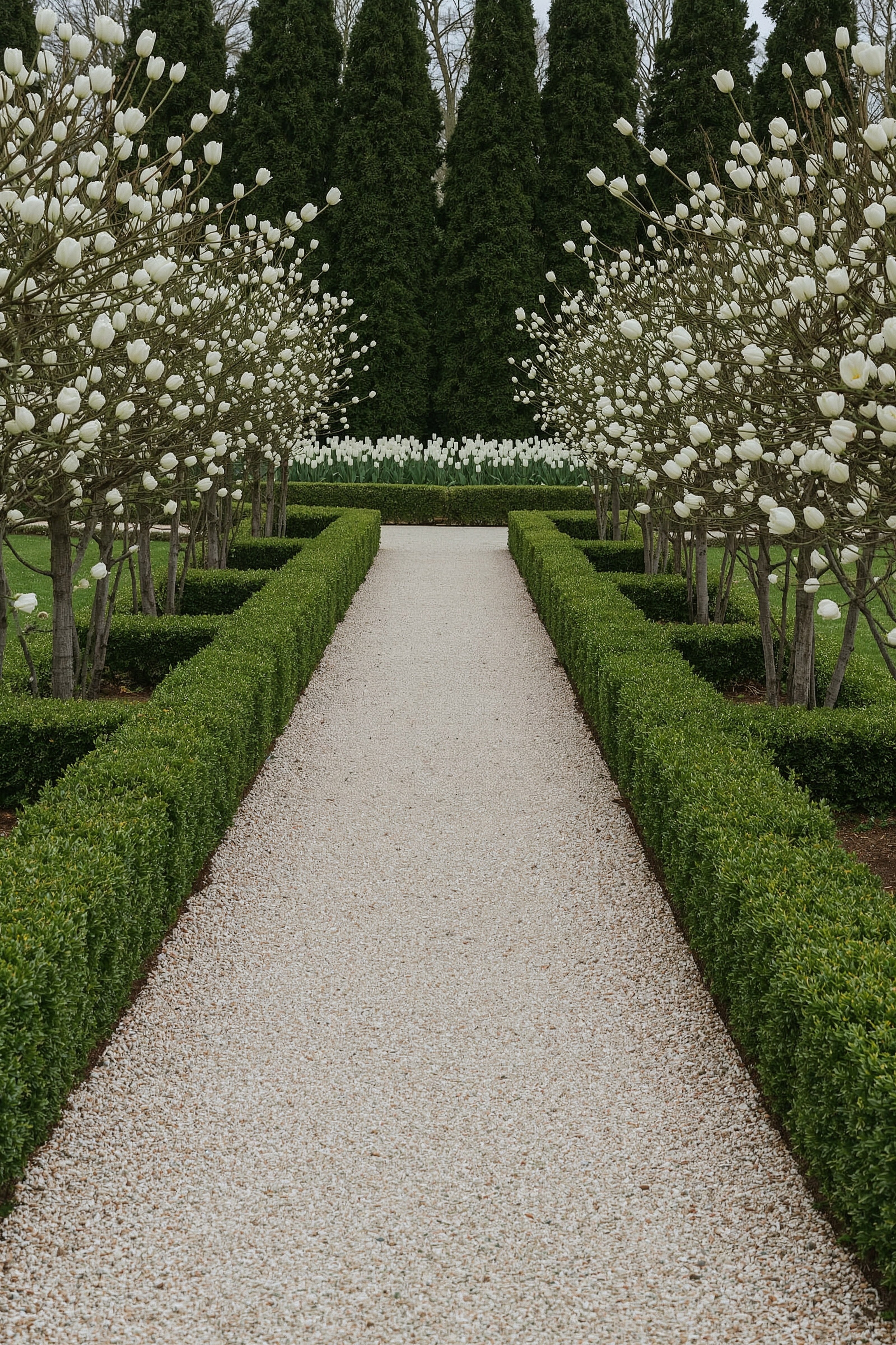 Formal Garden Design: Elegant White Walkway & Tulip Dreams