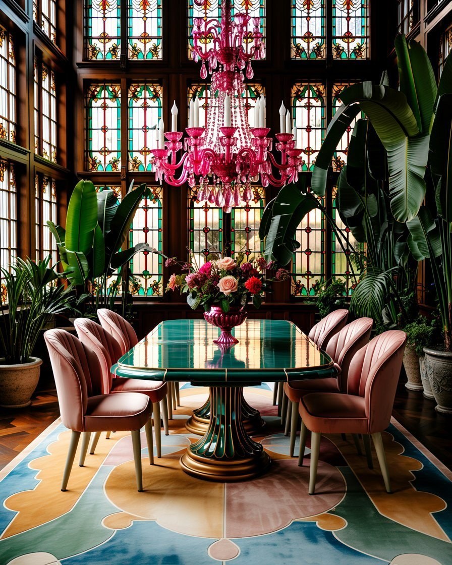 Dream House Interiors: Vibrant Maximalist Dining Room with Stained Glass Accents