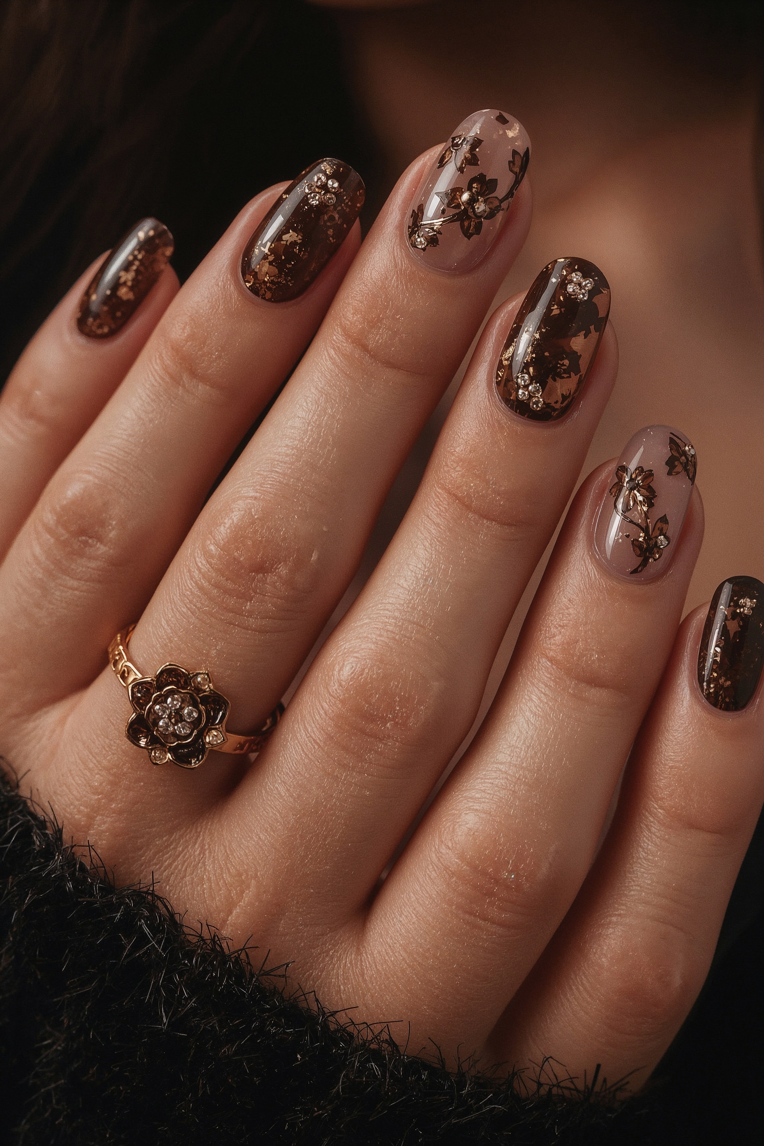 Elegant Autumn Nails: Sophisticated Brown & Gold Tortoiseshell