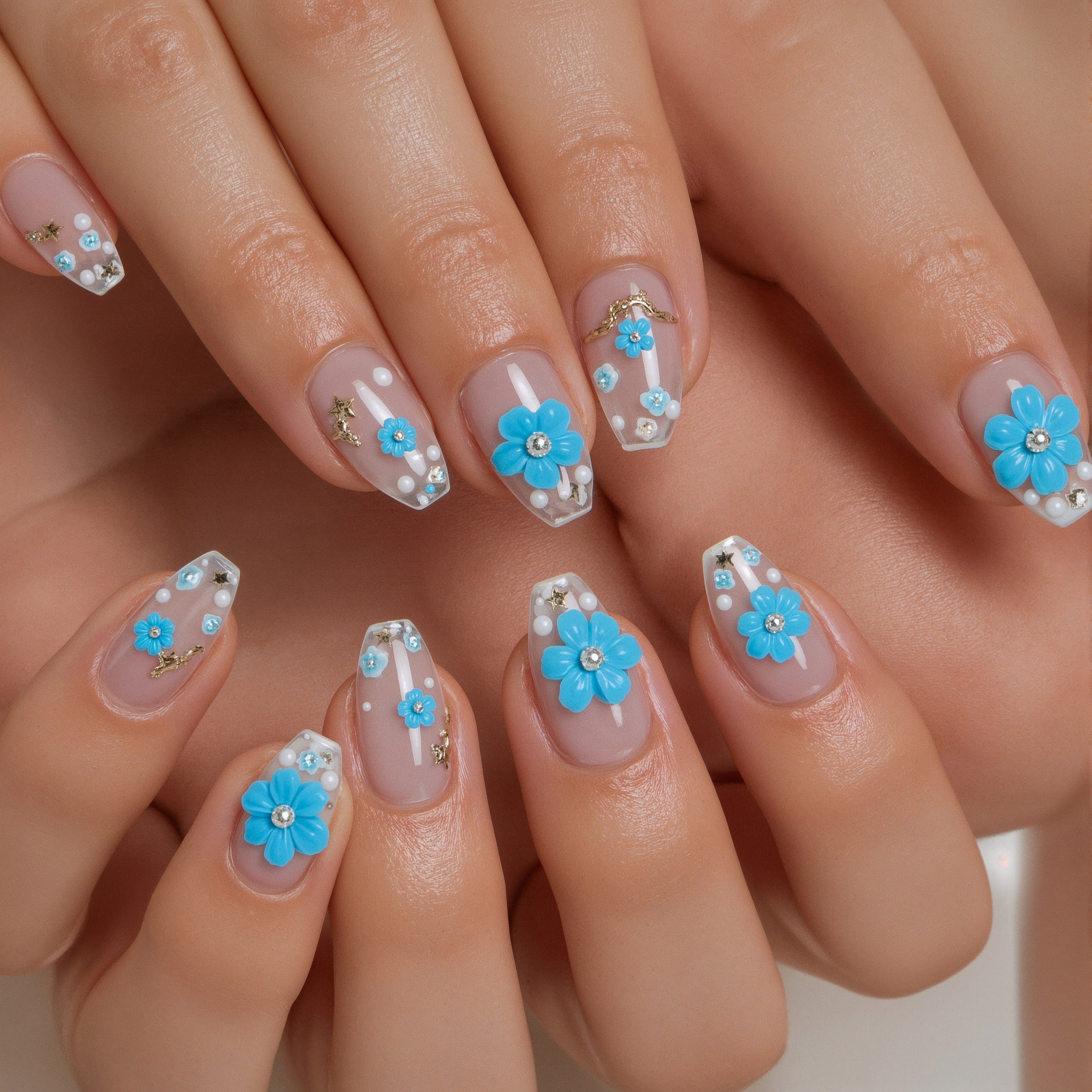 Summer Nail Inspo: Vibrant 3D Blue Flowers & Polka Dots for Vacation