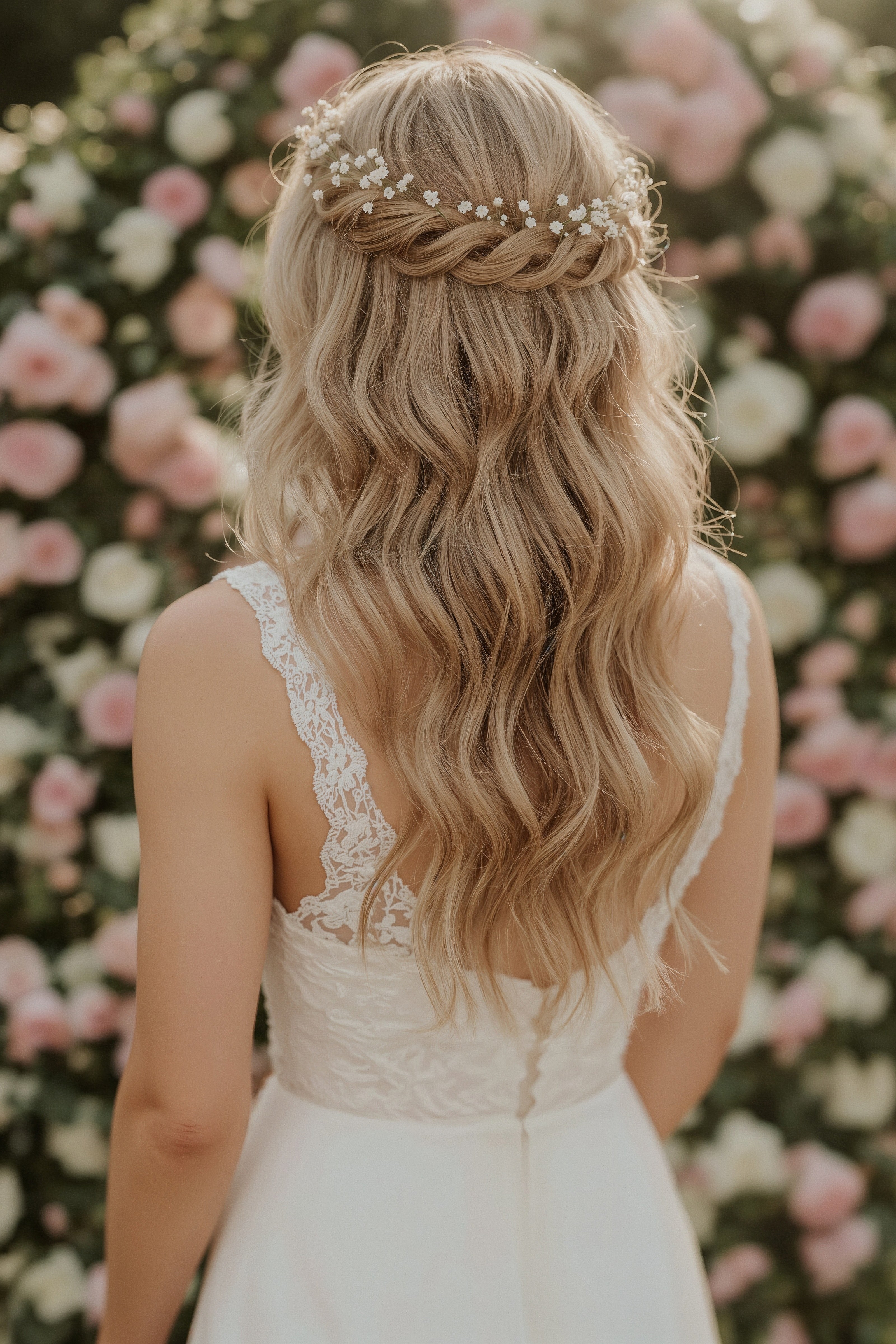 Romantic Bridal Waves: Half Up Half Down Wedding Hair with Soft Glam Curls