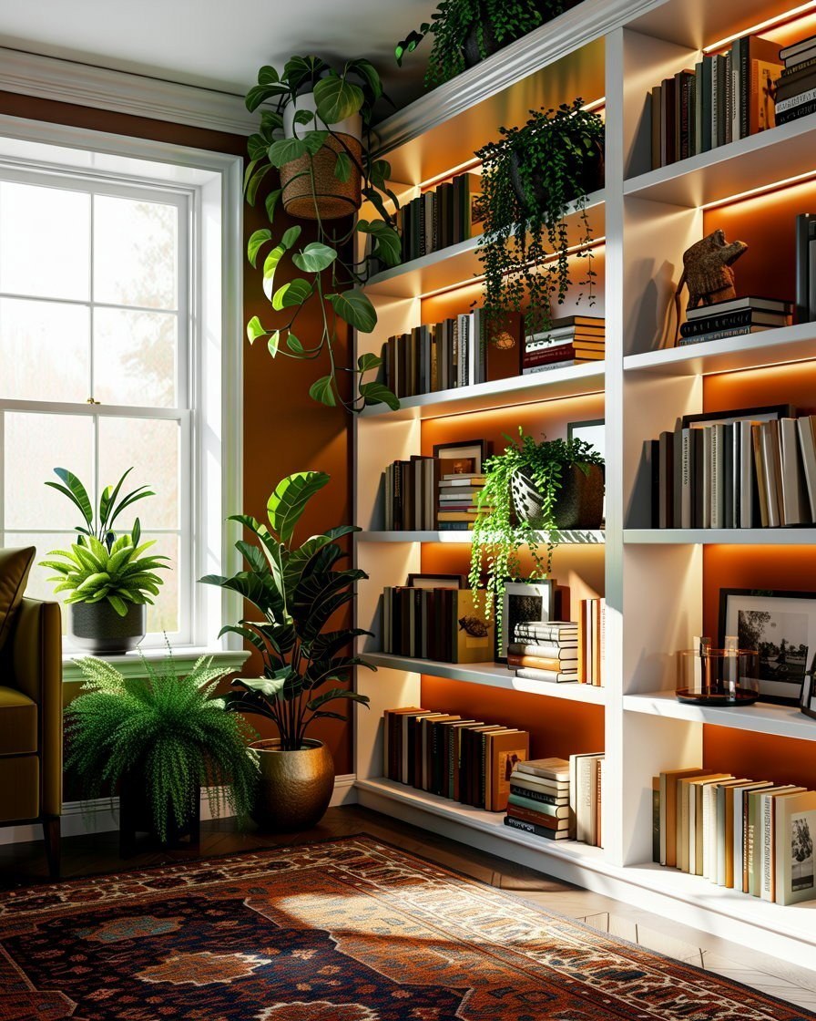 Cozy Library Room Decor with Live Edge Shelves
