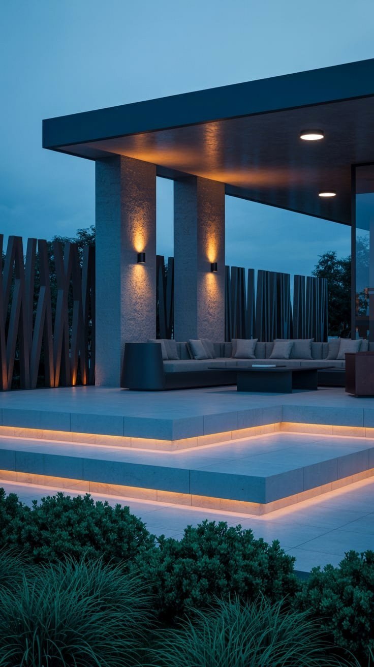 Modern Concrete Porch Design: Sleek Exterior Landscaping & Bungalow Appeal