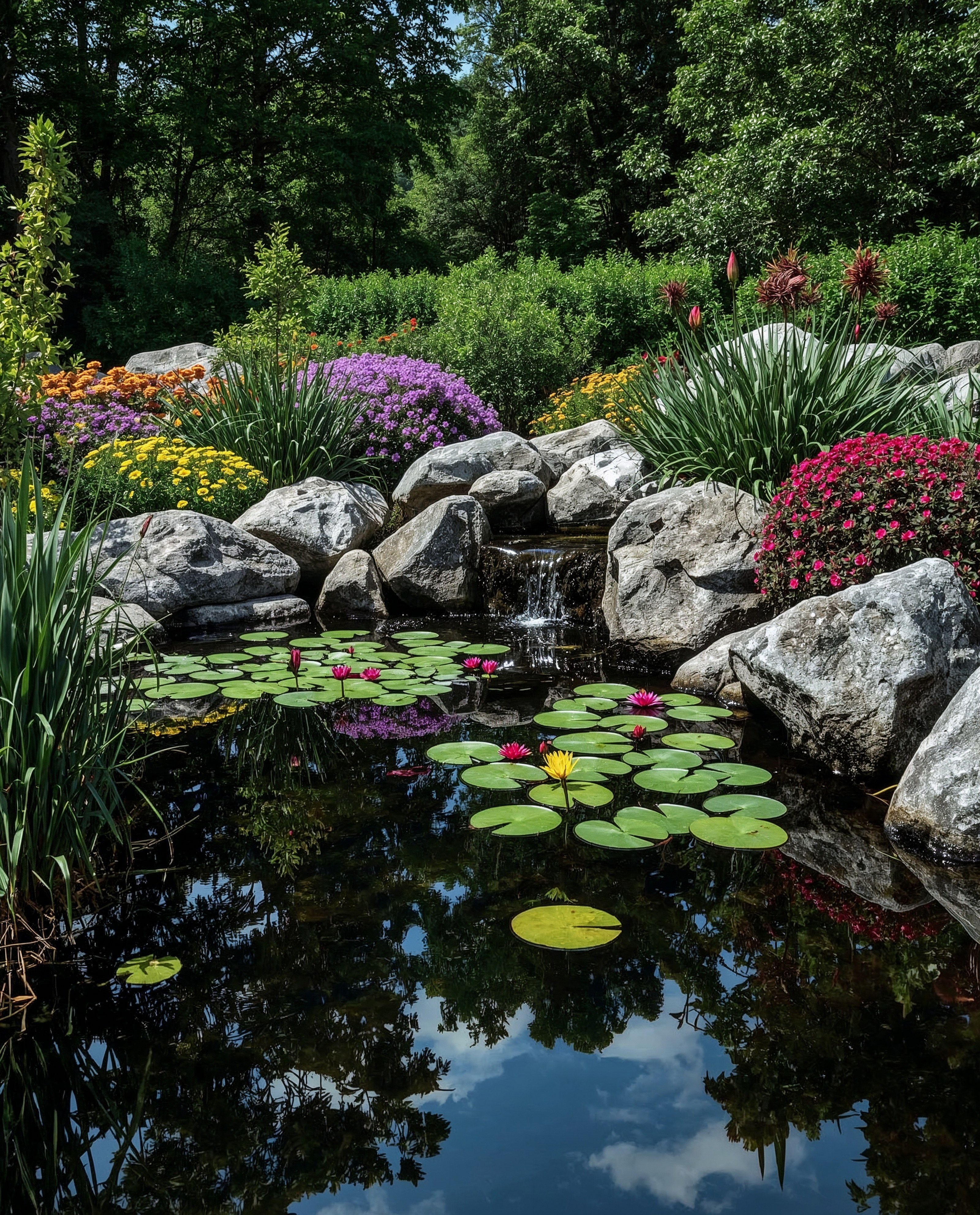 Enchanting Forest Pond: A Tropical Paradise of Colorful Blooms