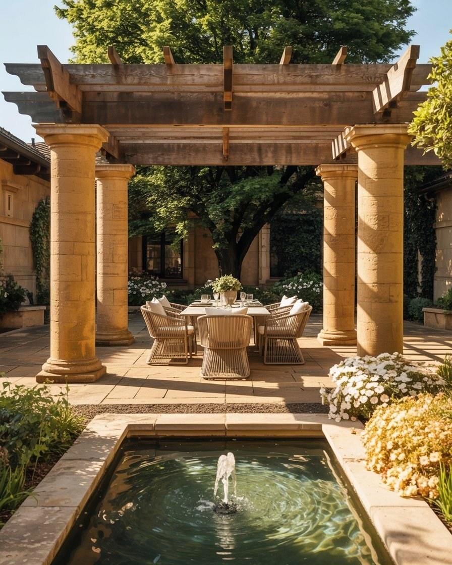 Dream Backyard Garden: Luxury Landscaping with Pillars & Fountain