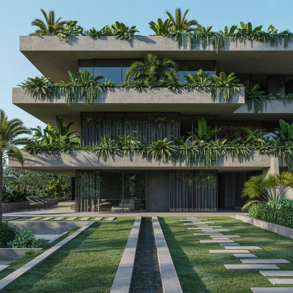Luxury Modern Villa Facade: Concrete, Glass & Greenery
