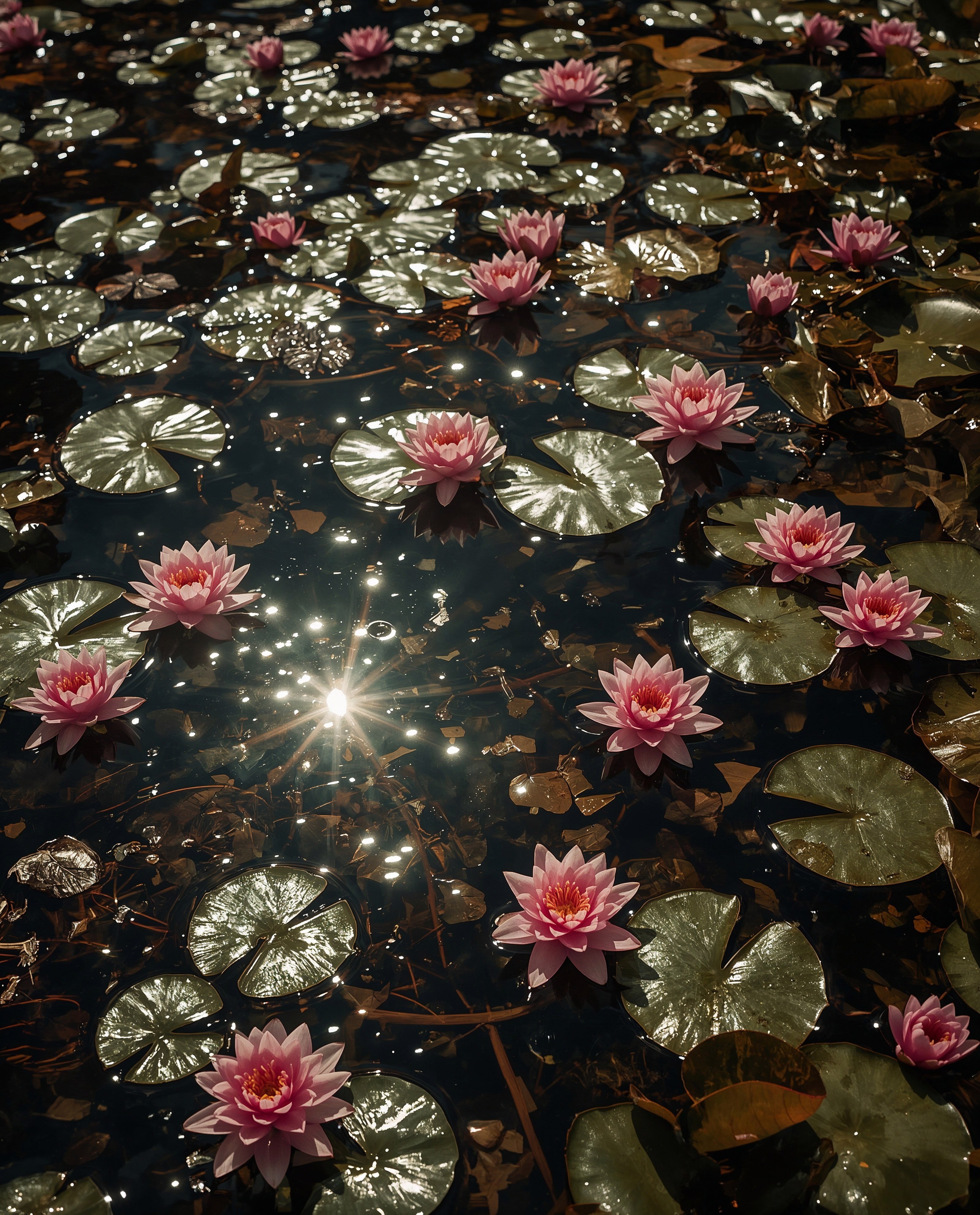 Serene Sparkle: Pink Water Lilies in a Sunlit Pond Aesthetic