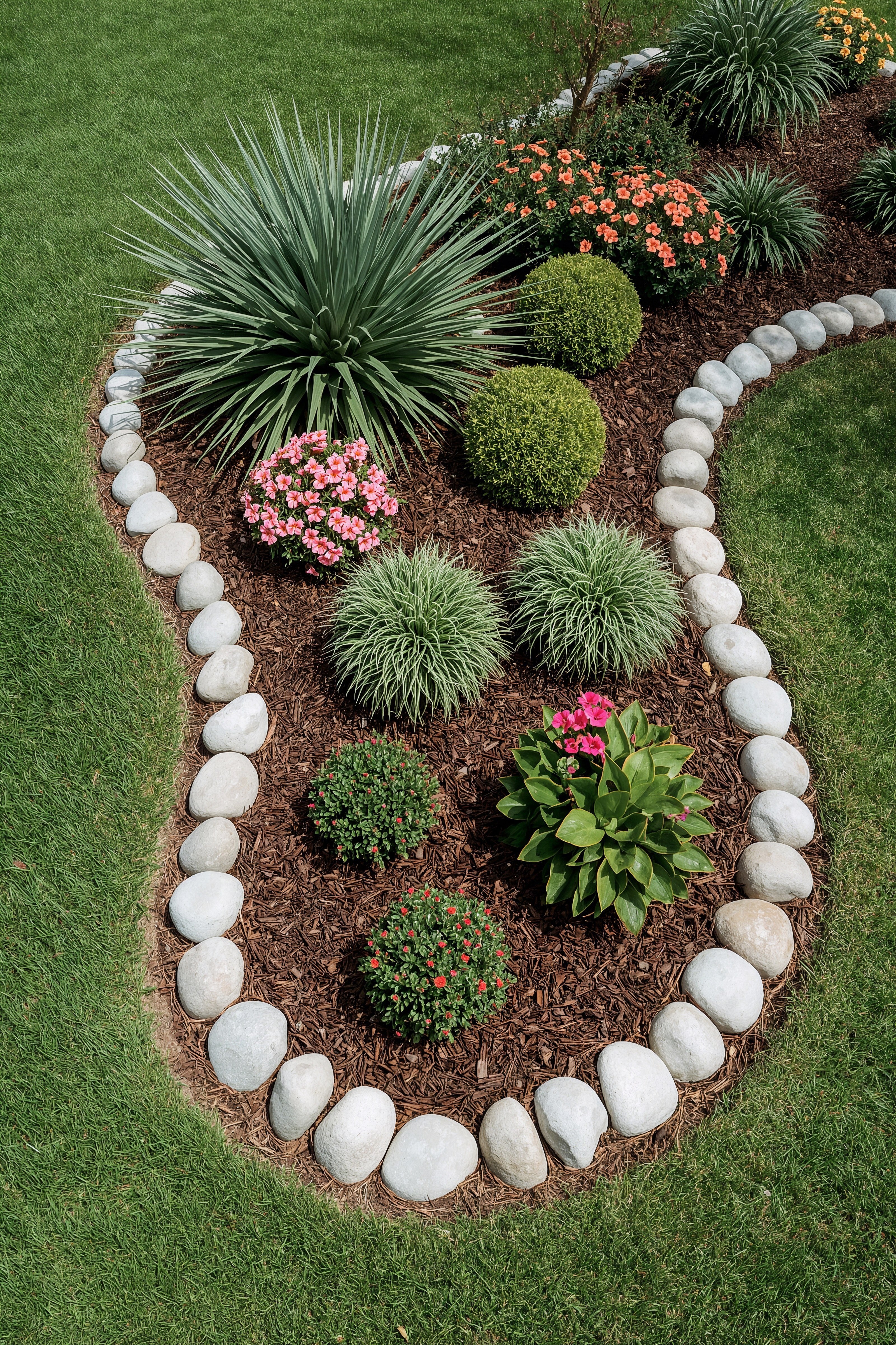 Elegant River Rock Flower Beds: Front Yard Landscaping Style