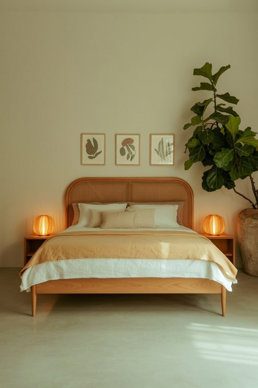 Wicker Teak Wood Queen Bed: Eclectic Style for Neutral Spaces