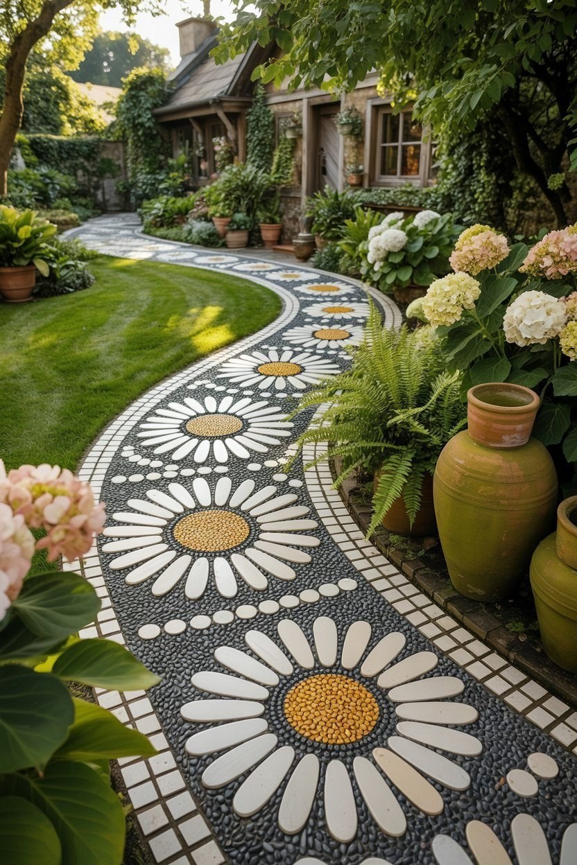 Dream Backyard Pathways Featuring Flower Pebble Mosaic Art