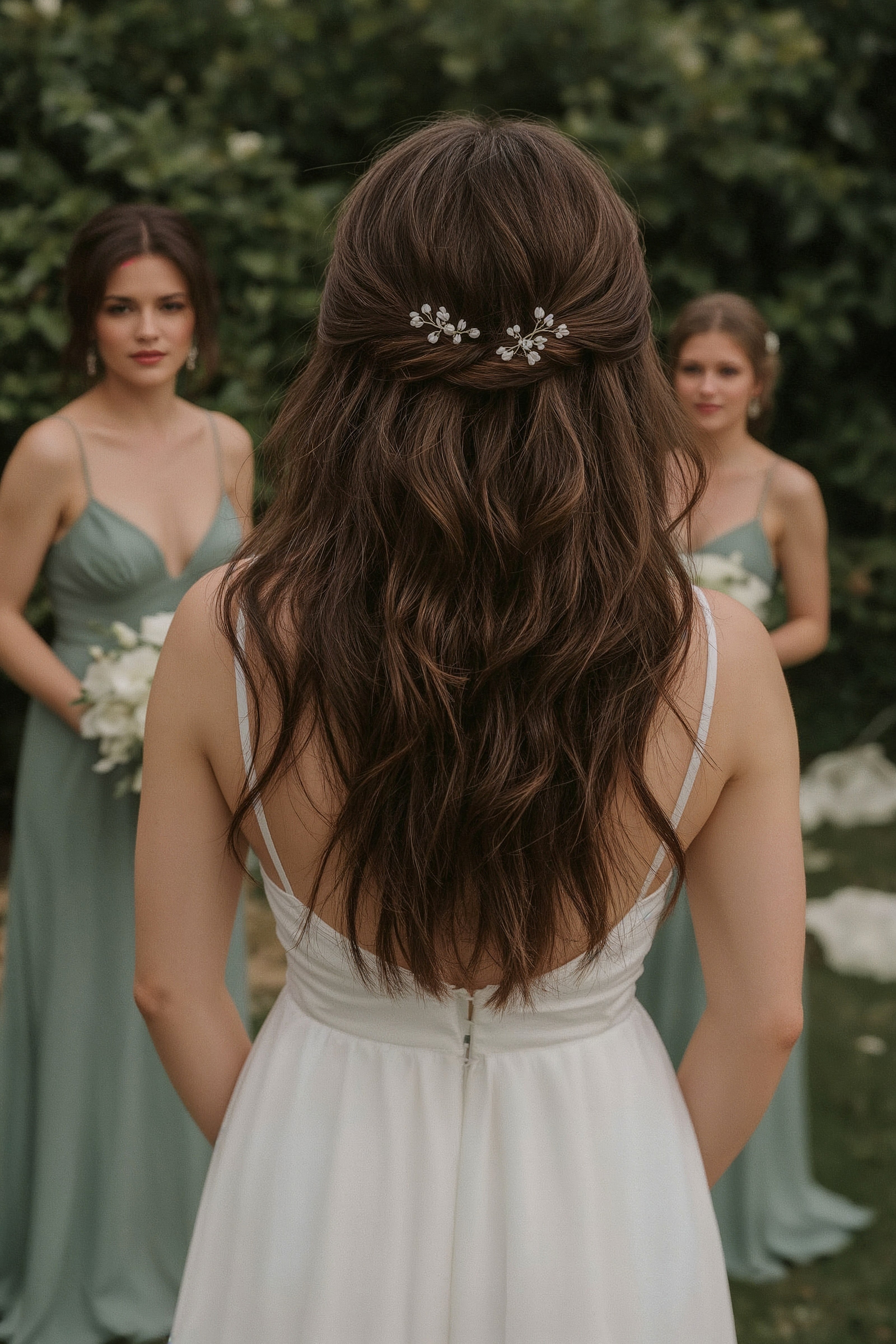 Simple White Flower Hair Pins: Chic Bridesmaid Updos