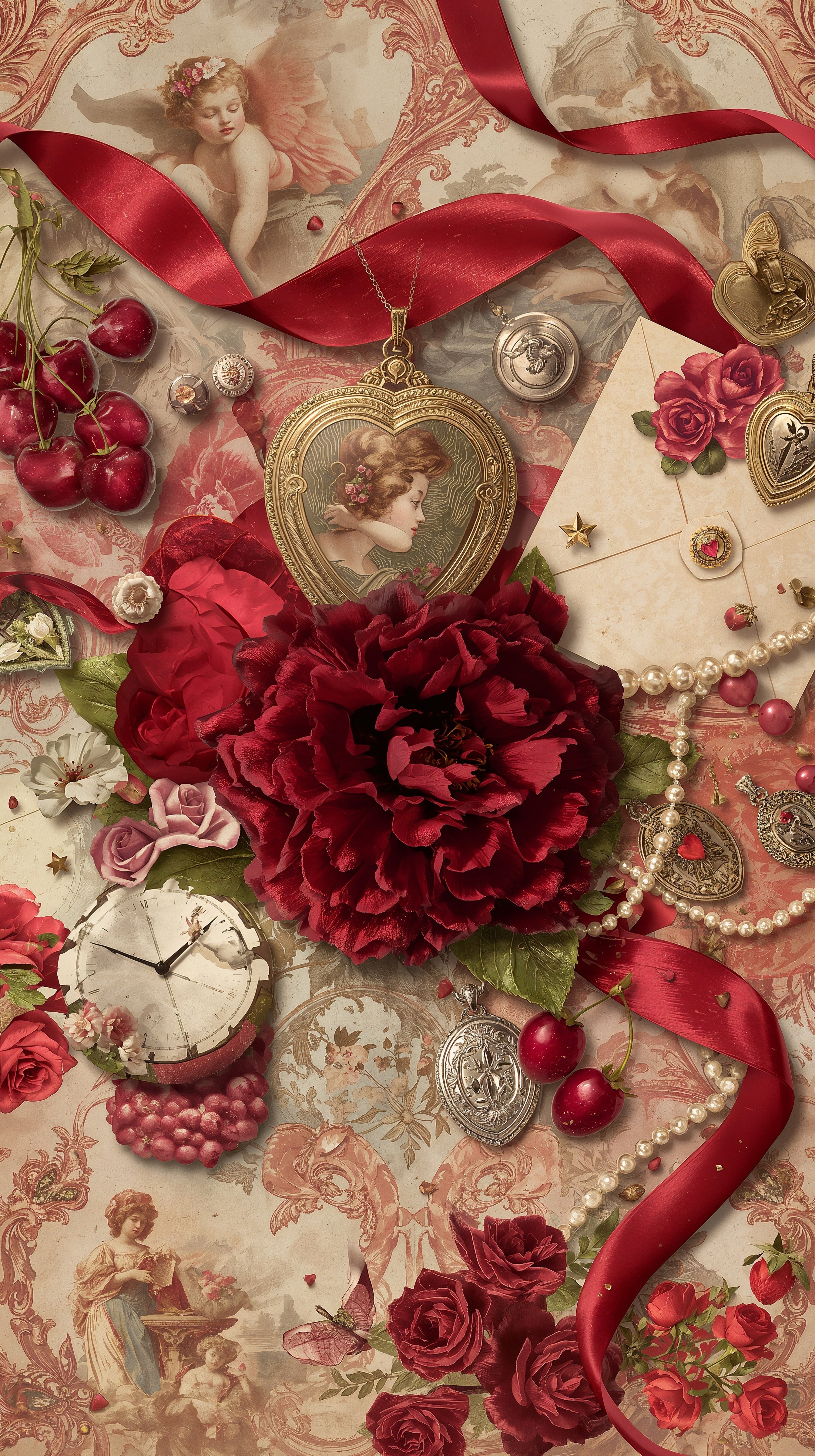 Vintage Valentine's February Collage: Romantic Aesthetic Wallpaper