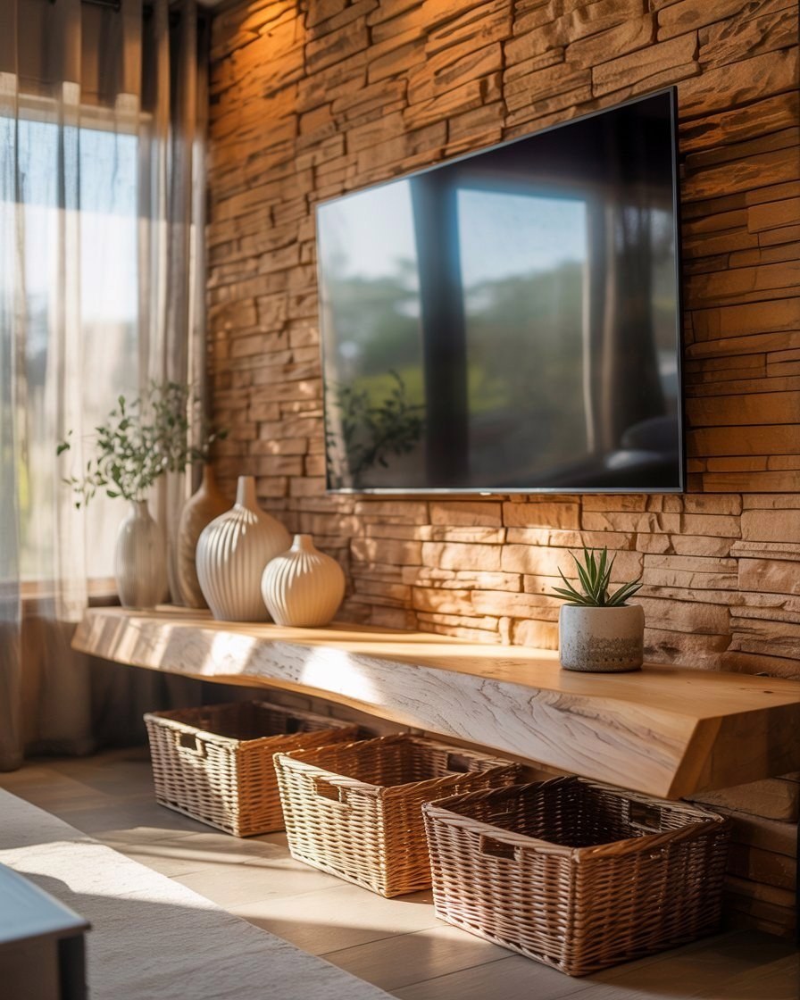 Cozy Vibes: Indoor Stone Wall Meets Wood Theme Living Room