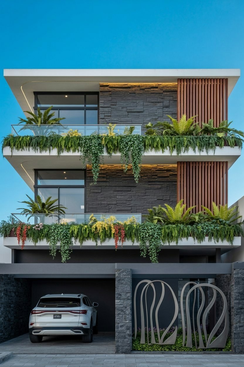 Contemporary Villa Facade: 25 Ft Front Design with Tropical Modern Flair