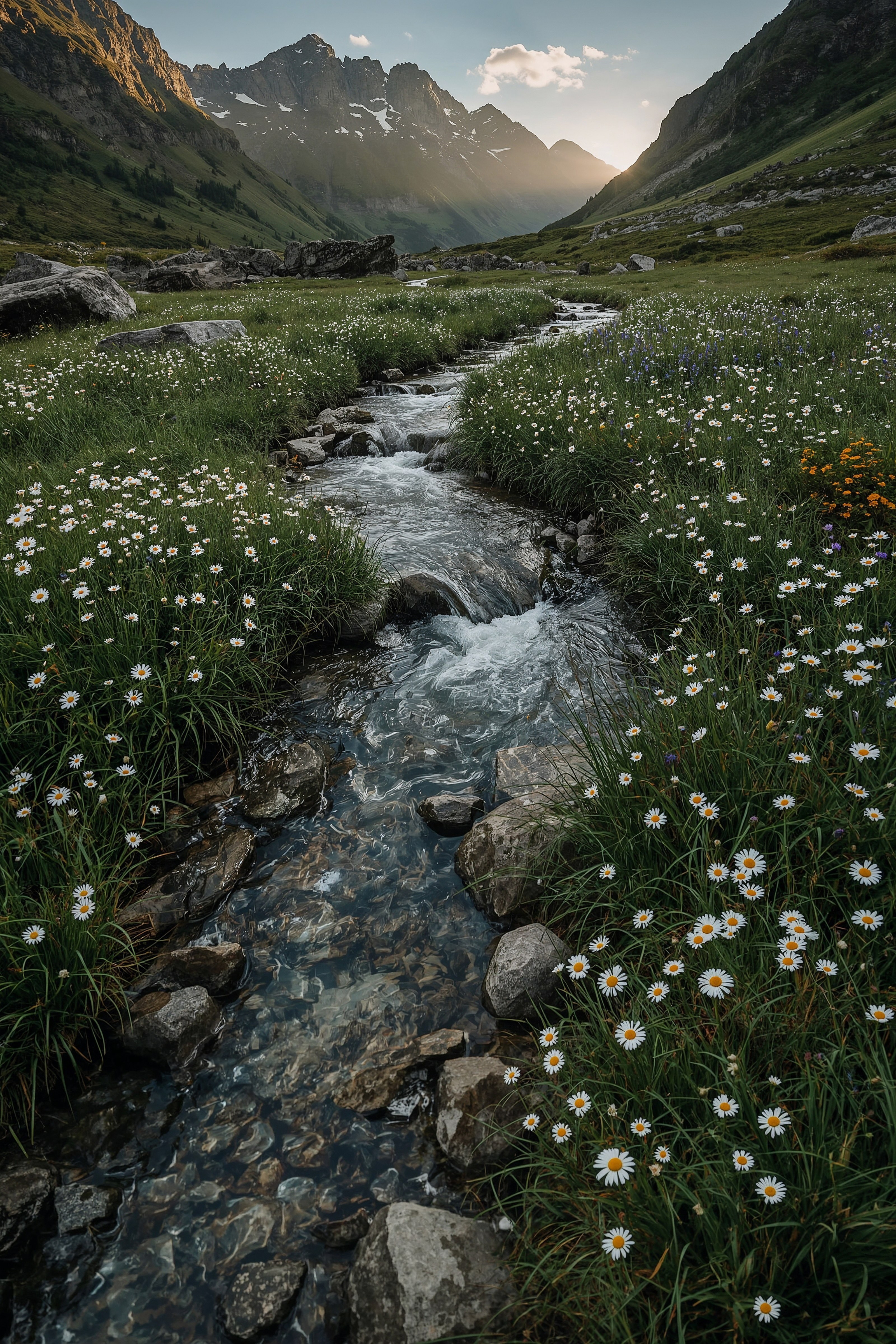 Mountain Stream Serenity: High-Resolution Meadow Wallpaper for Tablets