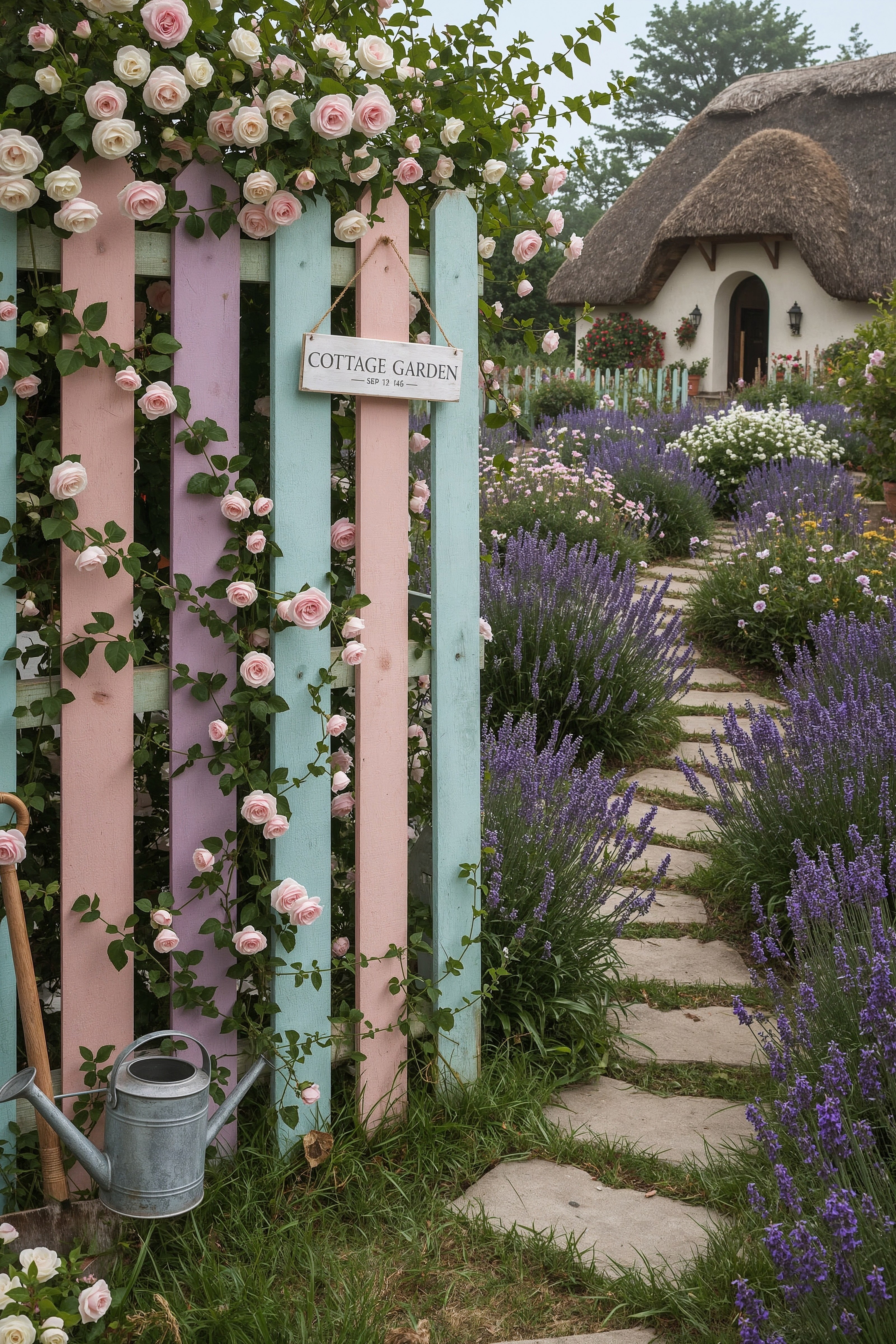 Enchanting Cottage Garden Fencing with Climbing Roses