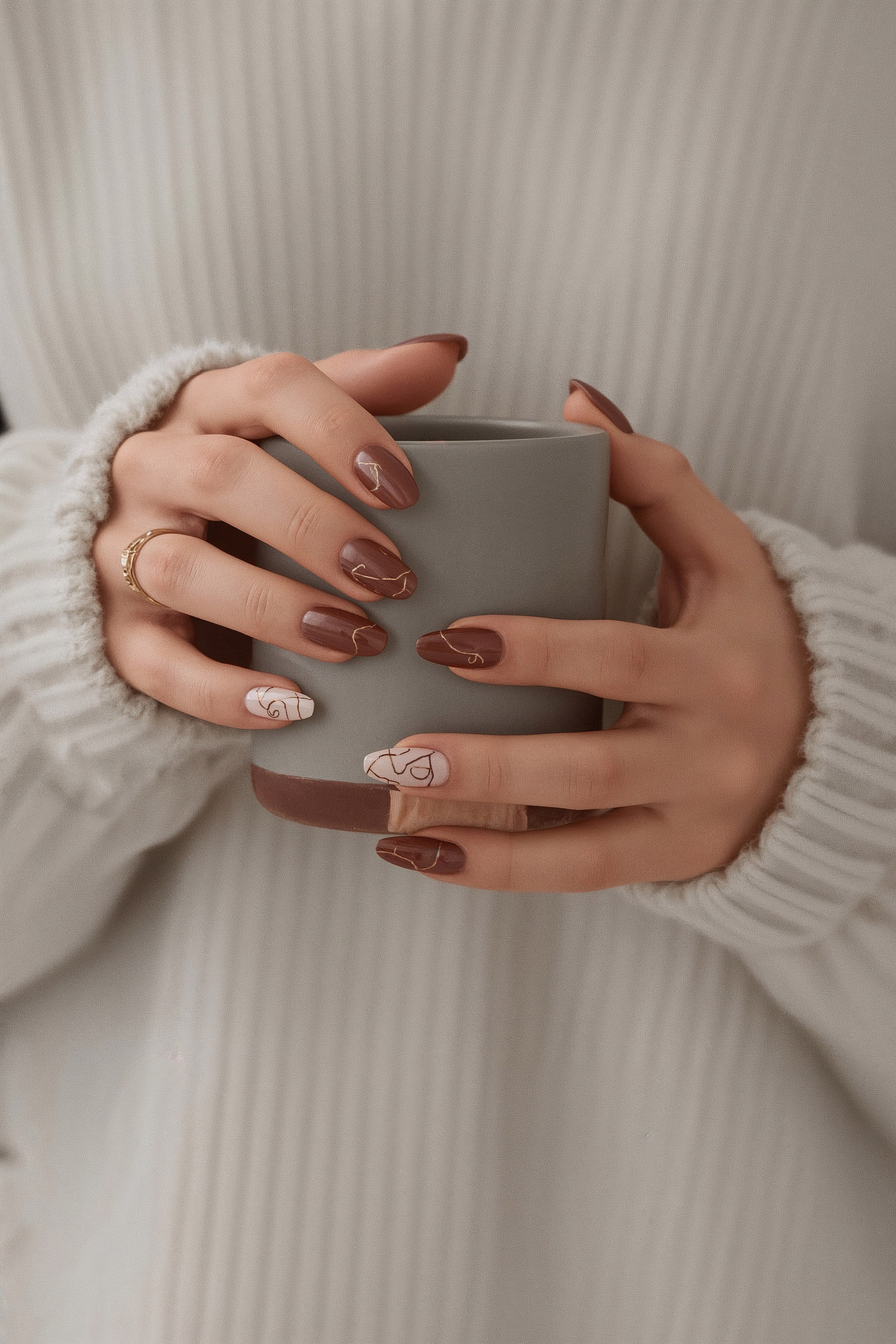 Cozy Winter Nails: Chic Brown & Nude with Abstract Gold Accents