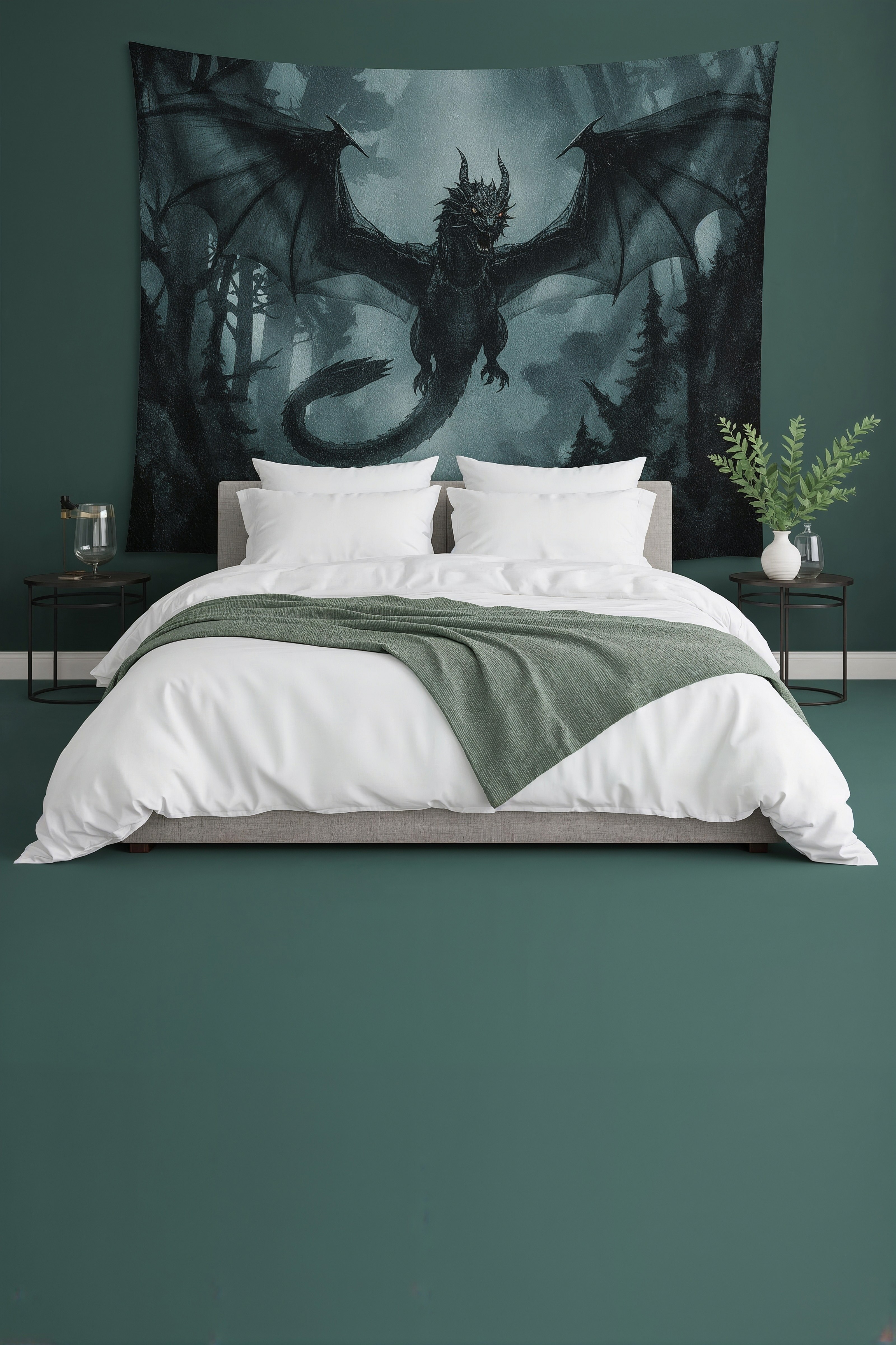 Dark Forest Dragon Tapestry: Epic Fantasy Bedroom Wall Decor