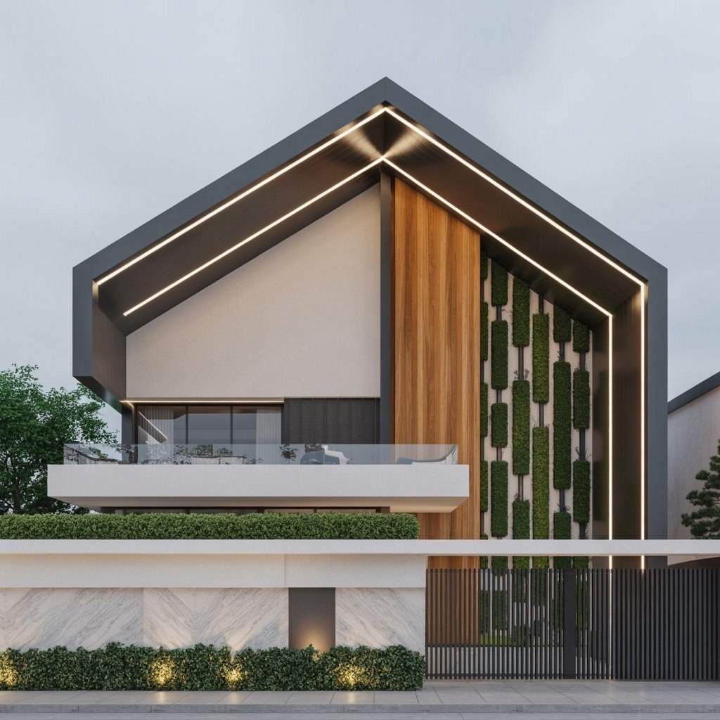 Contemporary Home Elevation: Luxury Geometric Design with Vertical Garden