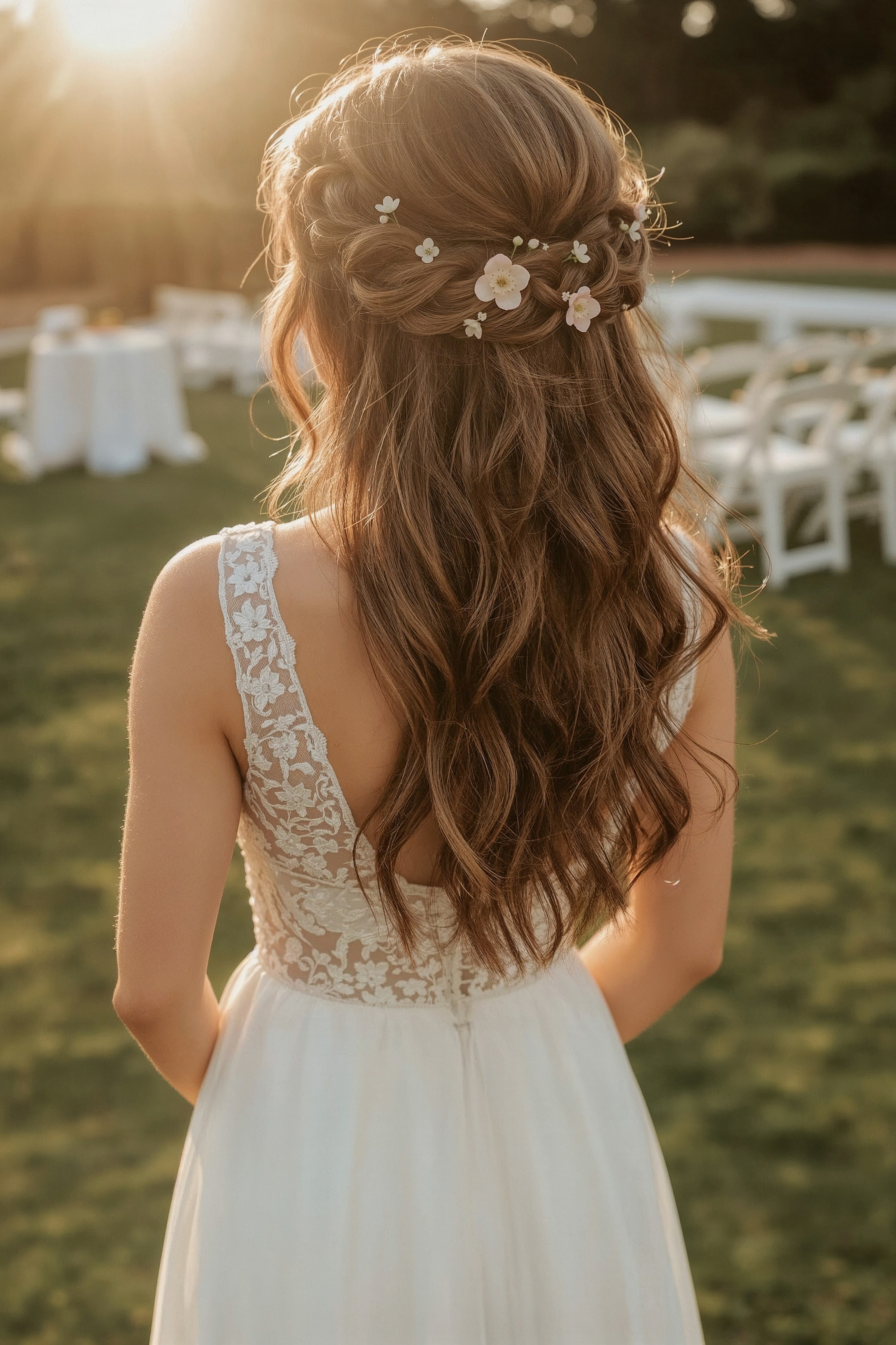 Golden Hour Glow: Braided Half Up Half Down Wedding Hair