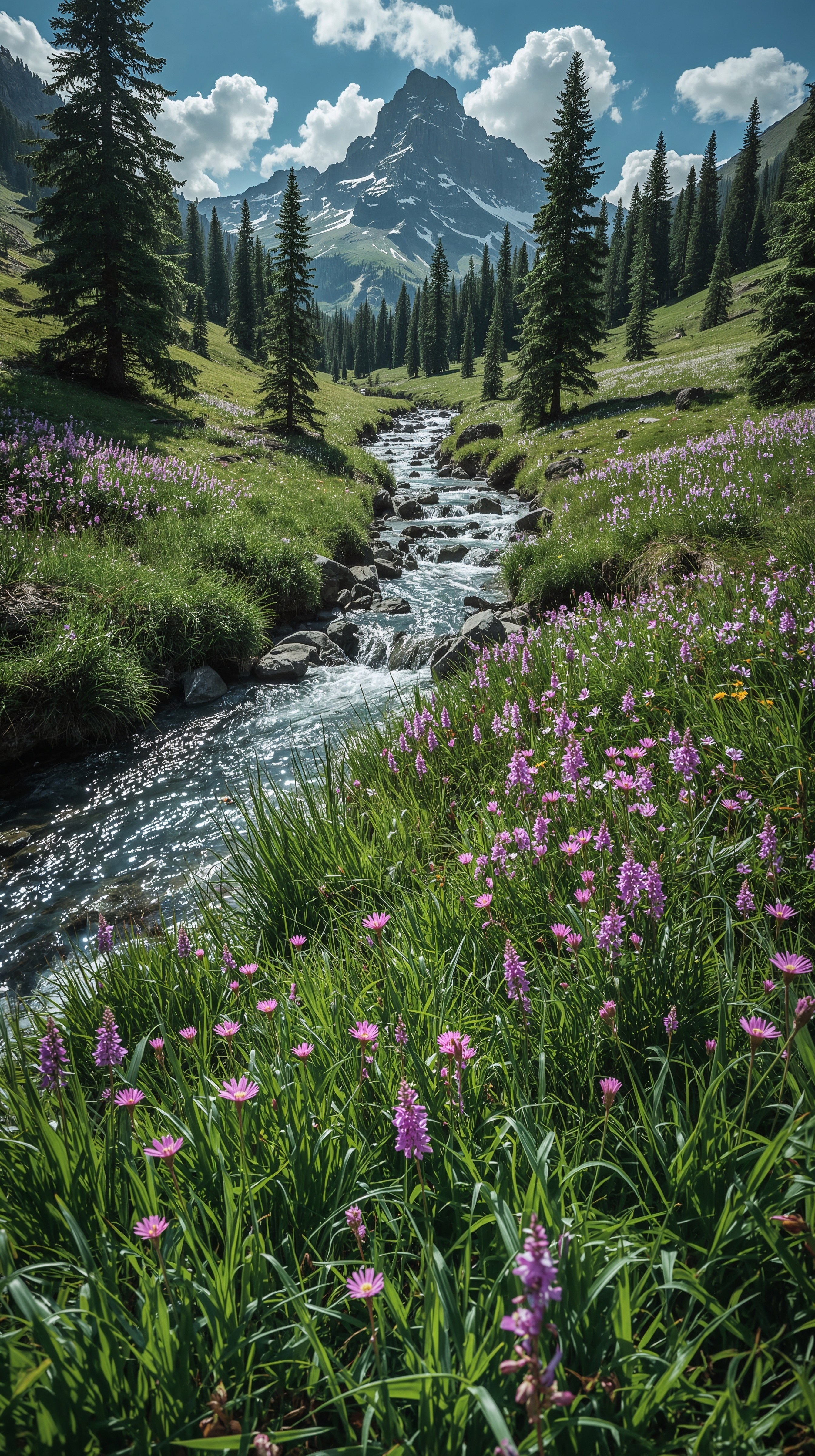 Alpine Valley Escape: Lush Meadows & Majestic Mountain Landscapes