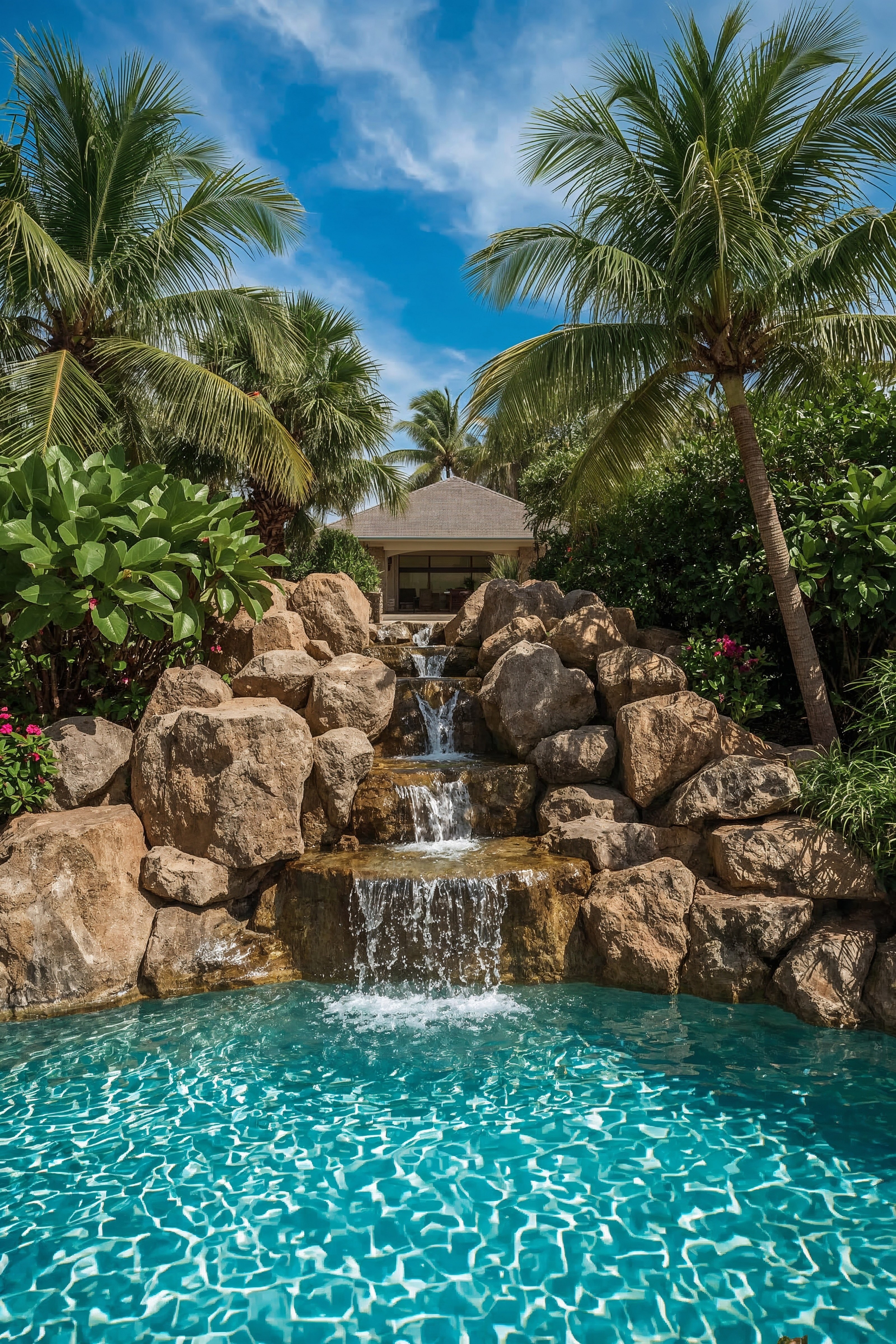 Tropical Oasis: Dreamy Beach Lagoon Pool with Natural Waterfall