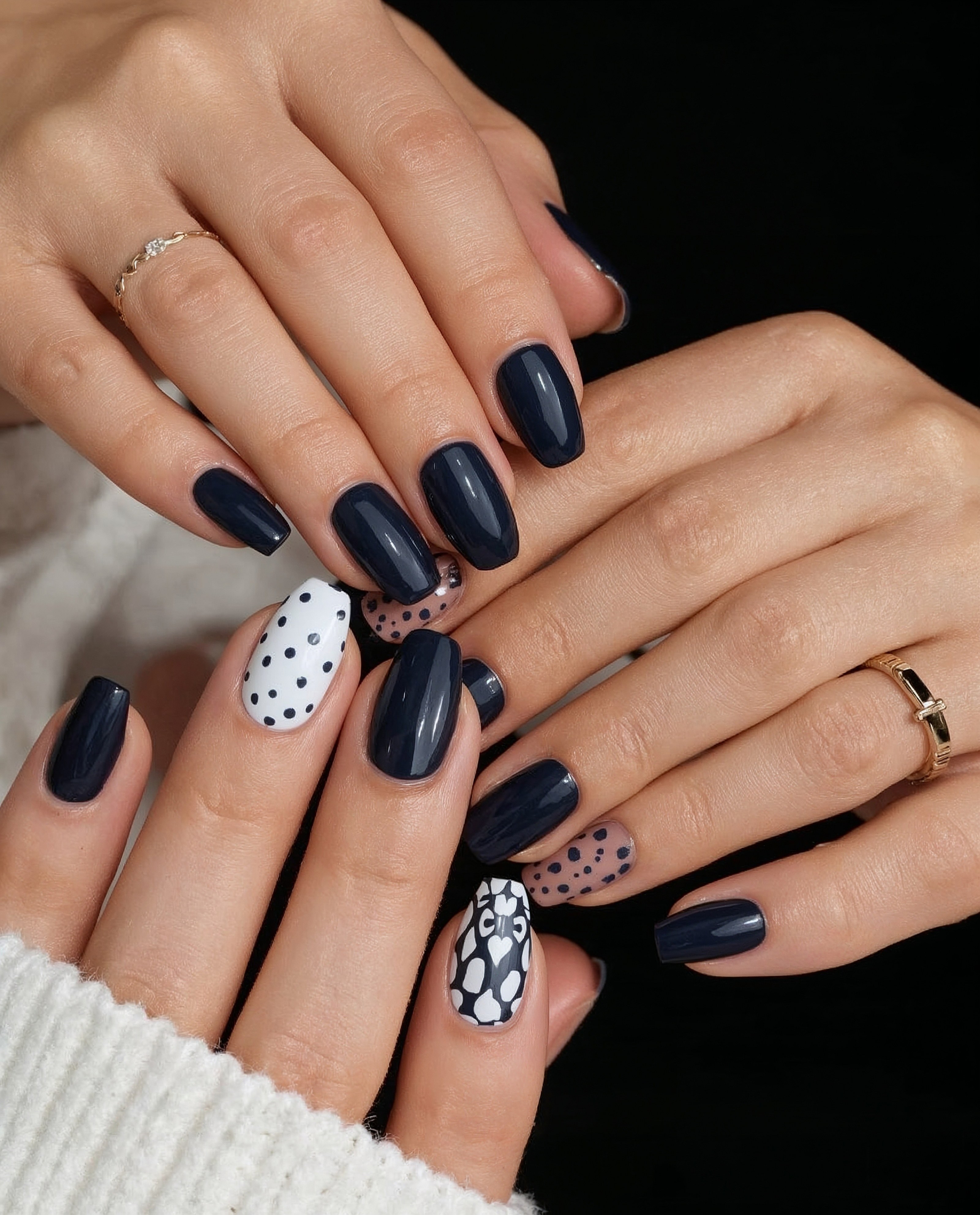 Top Navy Blue & White Polka Dot Nails with Bow Accents
