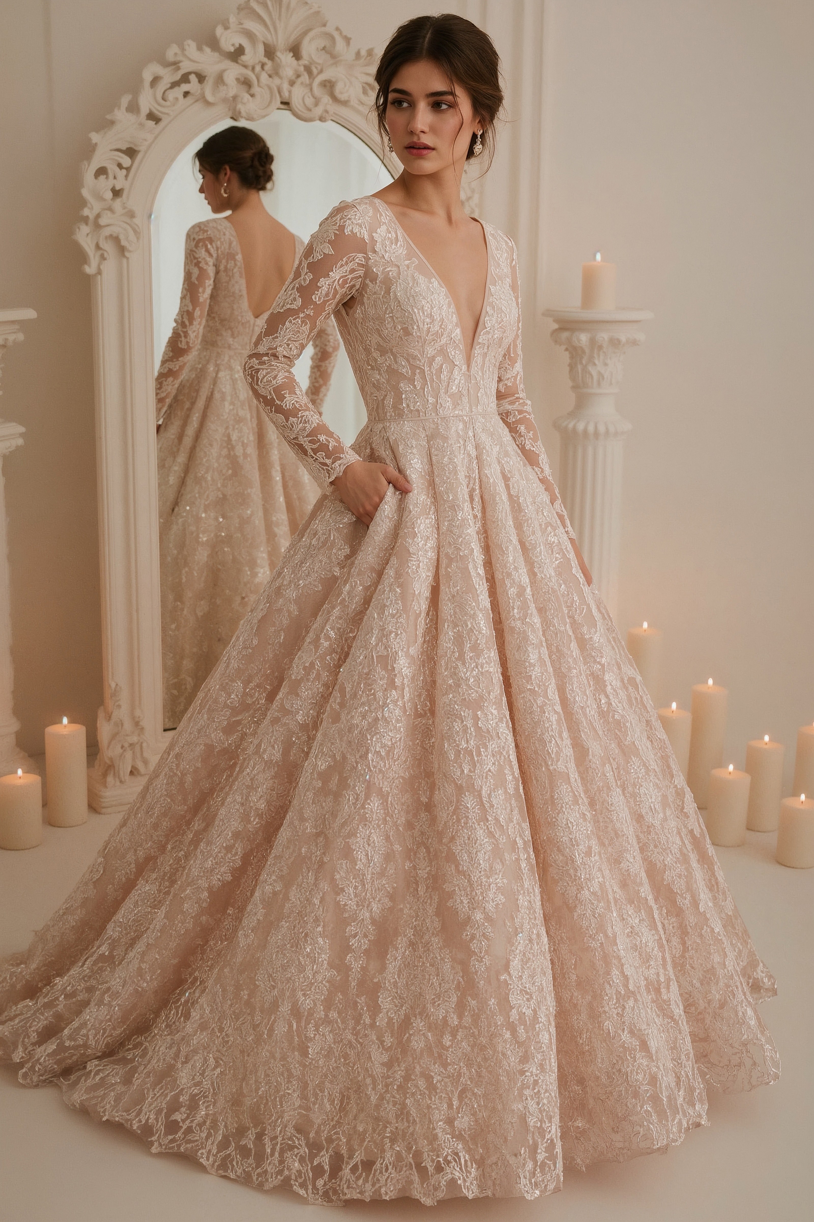 Dreamy Rosegold Ball Gown with Floral Lace and Tulle Sleeves